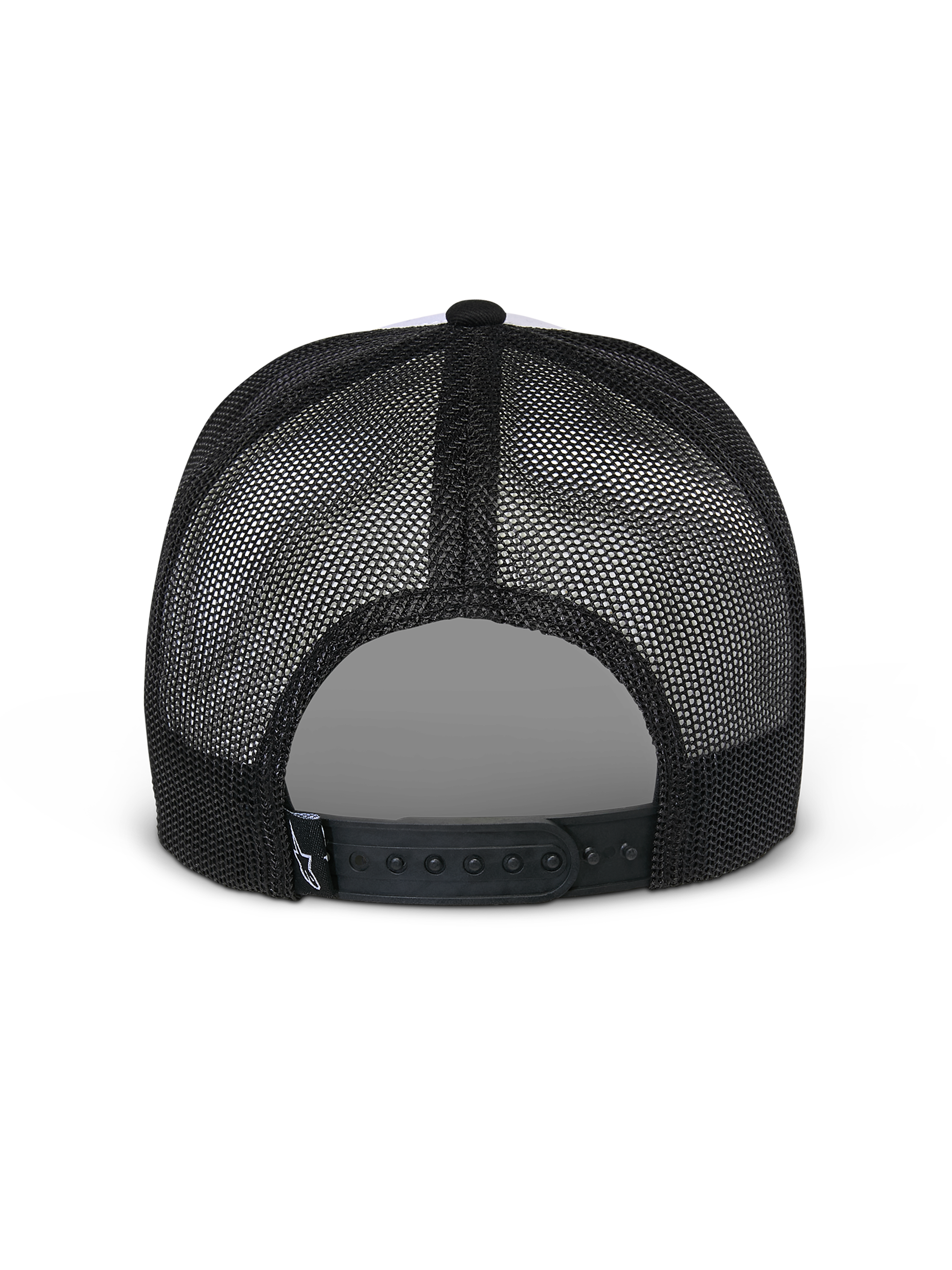 Casquette Snapback Flag Alpinestars, blanc et noir, vue arrière montrant les panneaux en maille noire et la fermeture snapback réglable, accessoire de sport mécanique décontracté