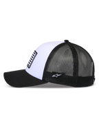 Casquette Snapback Alpinestars Flag, blanc et noir, vue de profil, avec visière noire courbée, panneau avant blanc structuré doté d'un écusson style drapeau et arrière en maille noire respirante.