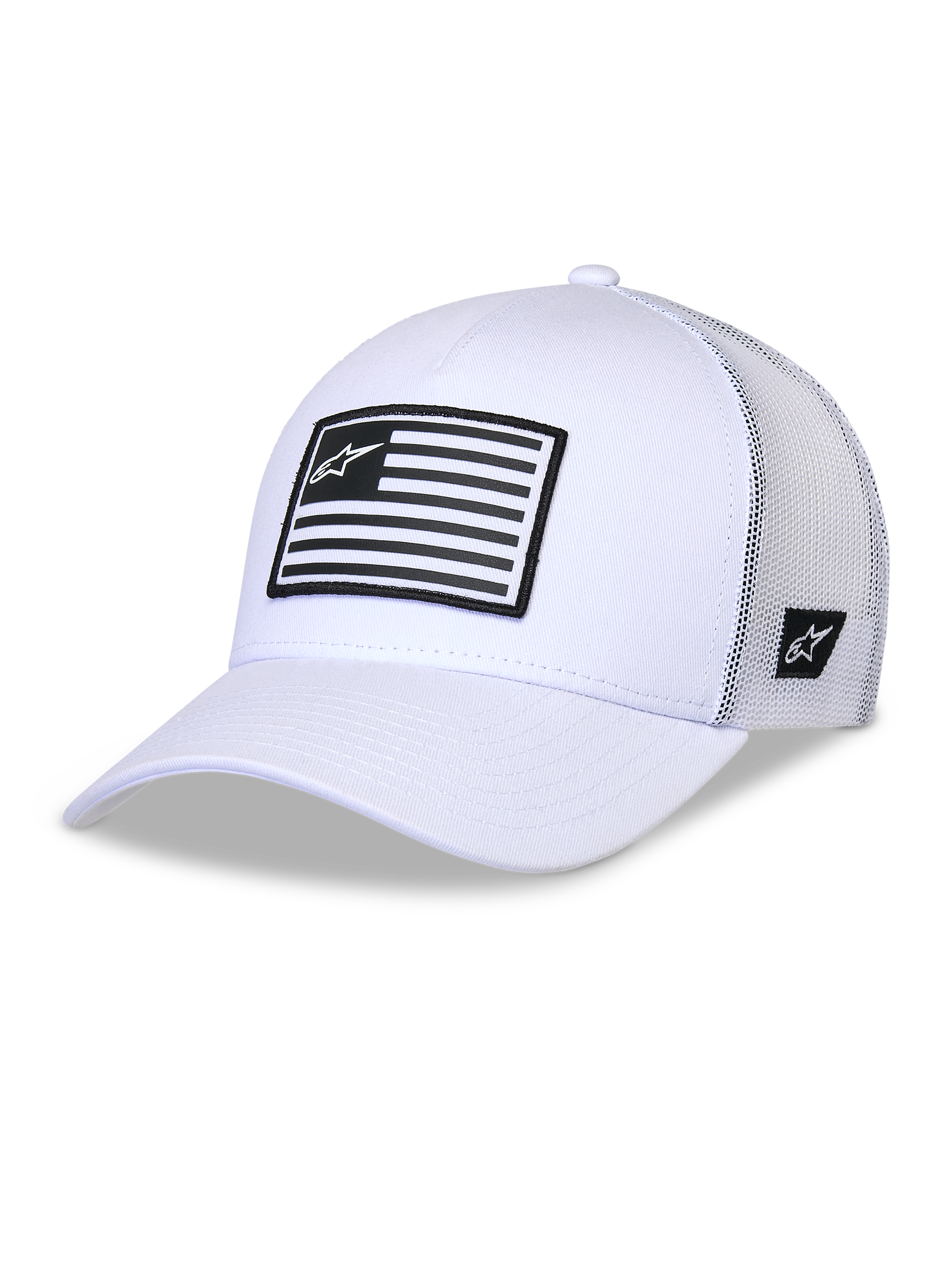 Alpinestars Flag Snapback Hat, casquette trucker blanche, couronne structurée avec visière courbée, panneaux arrière en maille filet blanche, patch frontal à rayures noires et blanches avec logo, couvre-chef décontracté inspiré du sport automobile