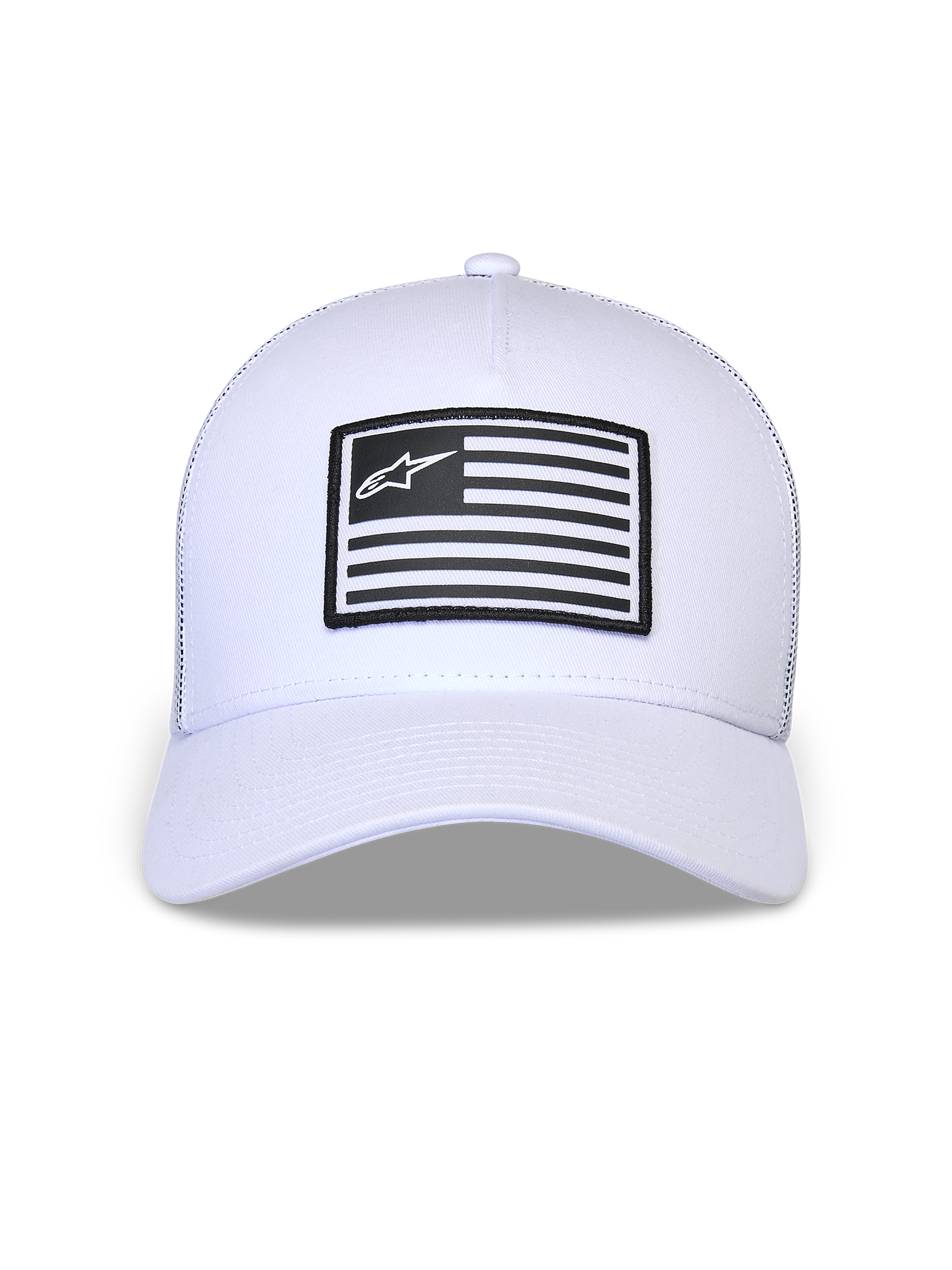 Casquette Snapback Flag Alpinestars, blanche, couronne structurée avec visière courbée, patch rectangulaire noir et blanc à l'avant avec logo Alpinestars, accessoire décontracté inspiré des sports mécaniques