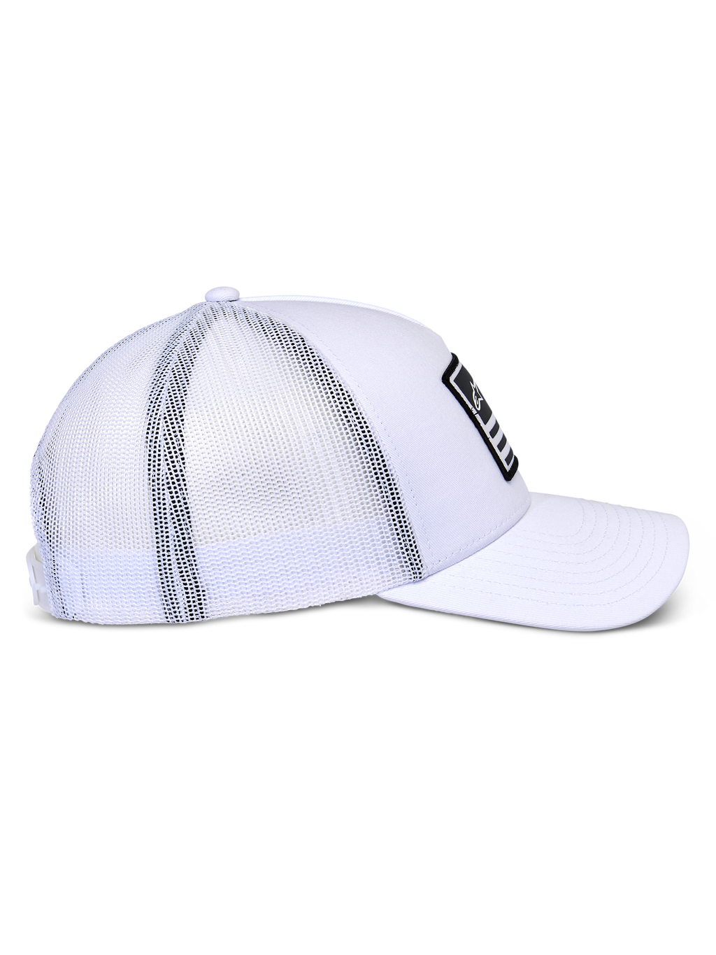 Casquette Snapback Flag Alpinestars, casquette de style trucker, blanche, profil latéral montrant l'avant en sergé blanc et l'arrière en maille respirante, visière courbée, patch merrow noir avec logo blanc, couvre-chef décontracté pour sports mécaniques