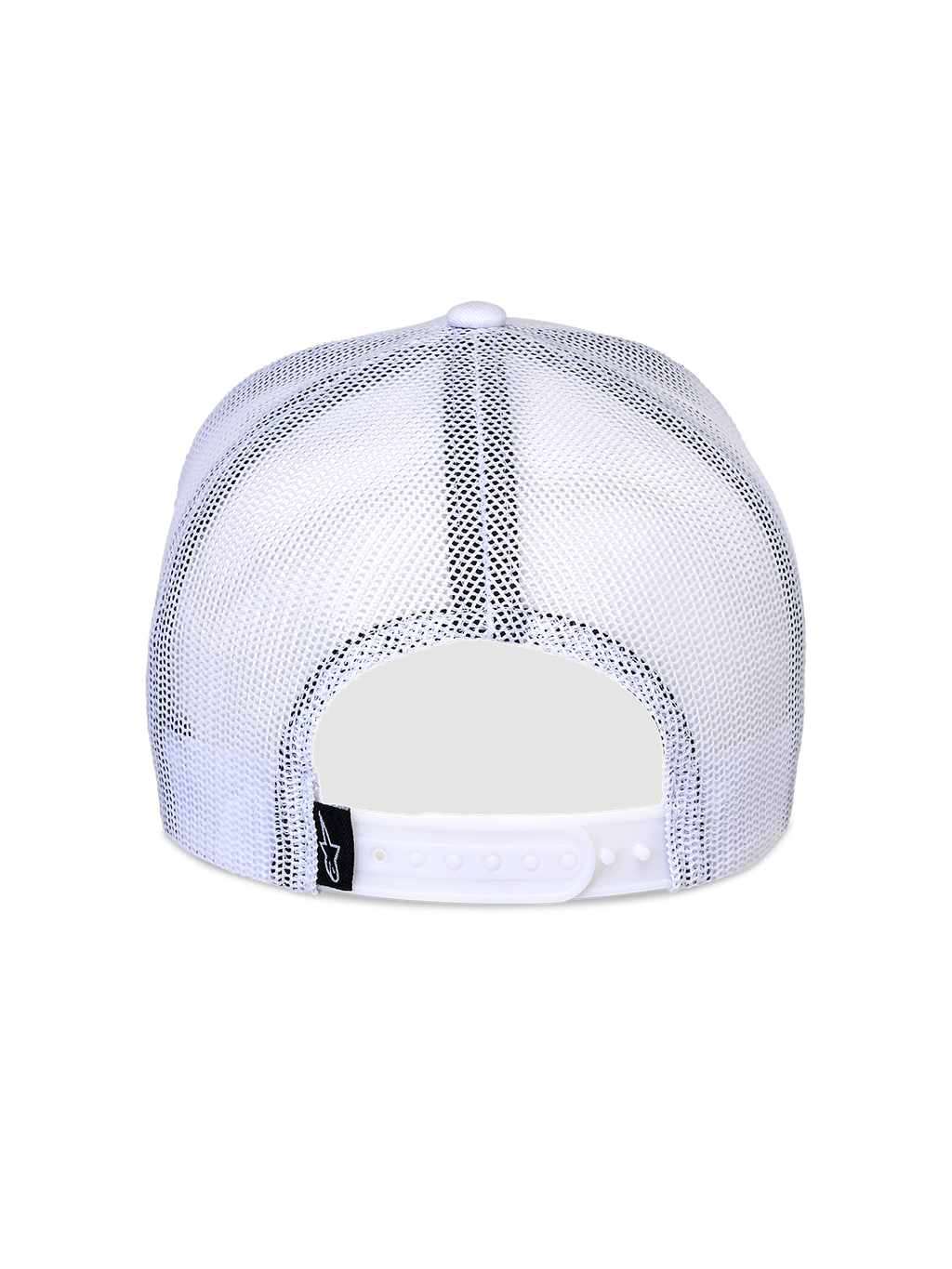Casquette Snapback Flag d'Alpinestars, blanche, vue arrière avec panneaux en maille blanche respirante, fermeture snapback réglable et petite étiquette noire avec logo, design de casquette trucker classique.