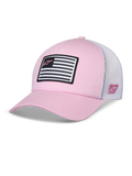 Casquette Snapback Flag Alpinestars, rose et blanc, visière courbée avec couronne structurée, avant en sergé avec arrière en maille blanche, avec un écusson drapeau noir et blanc et logo Astars rose, vêtement de sport décontracté inspiré du sport automobile