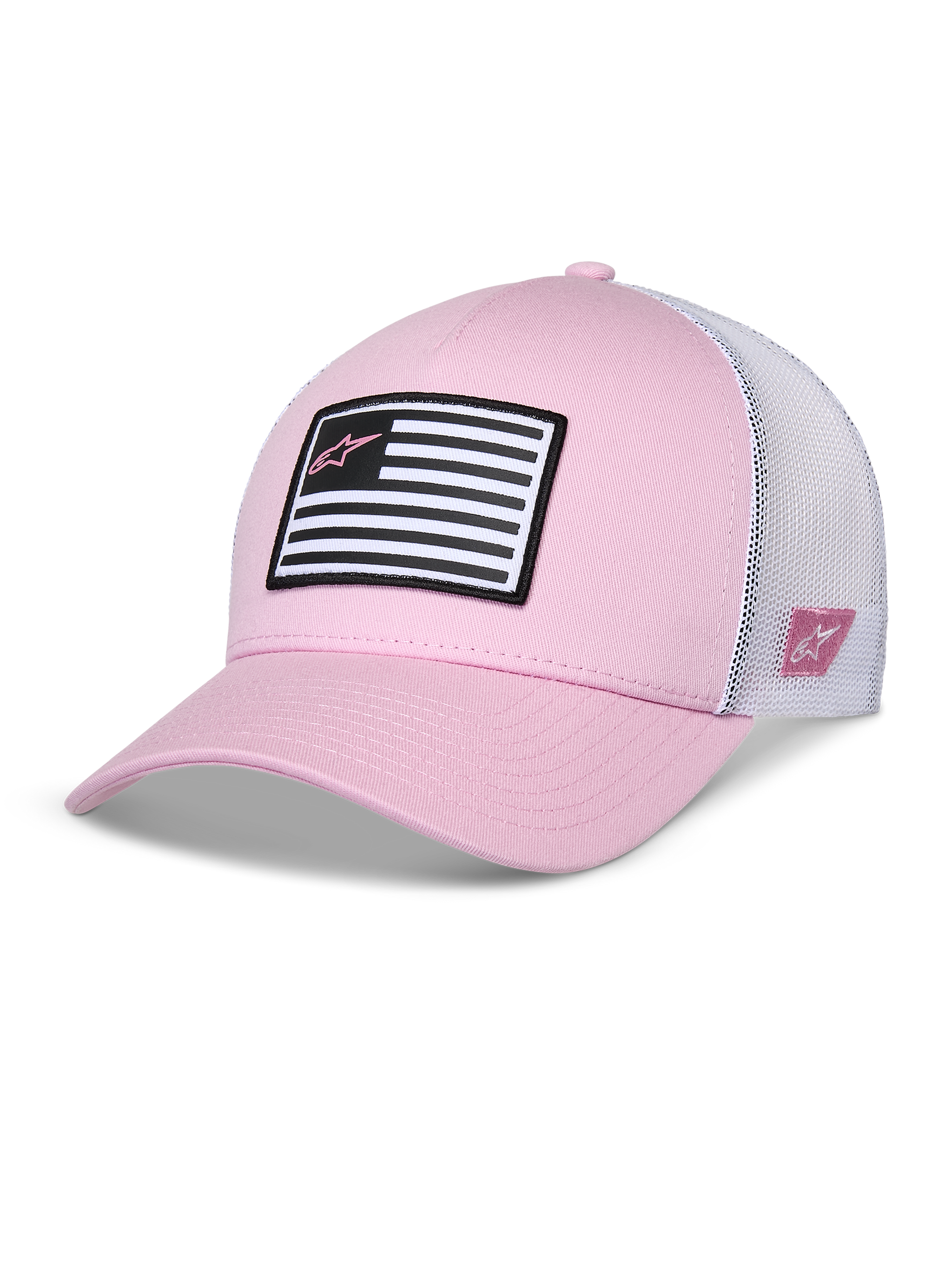 Alpinestars Flag Snapback Hat, Pink and White, curved bill with structured crown, twill front with white mesh back, featuring a black and white flag patch with pink Astars logo, casual motorsport-inspired sportswear