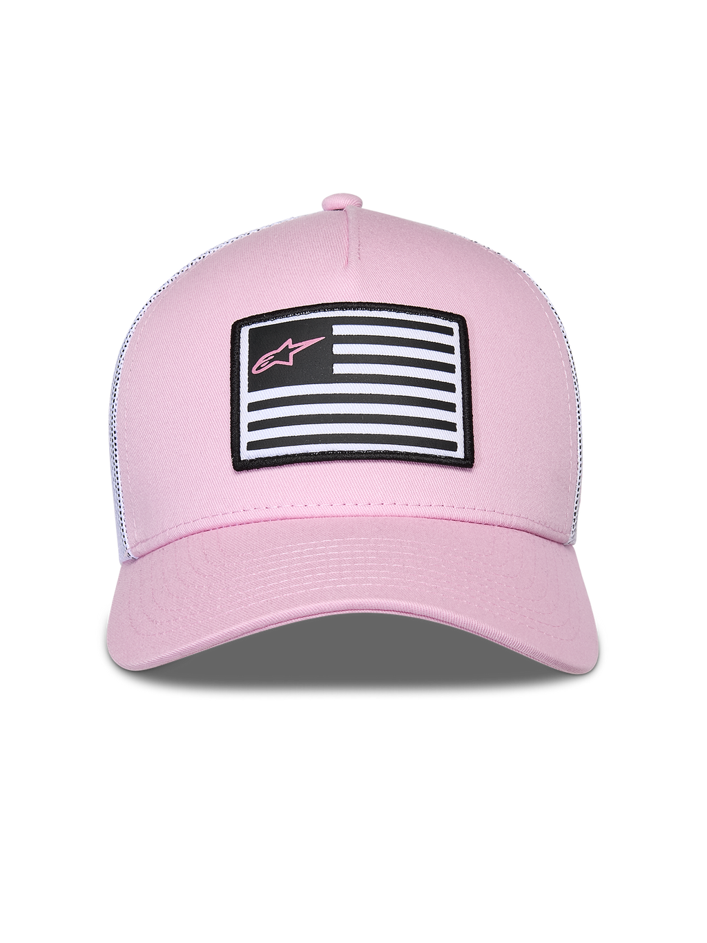 Casquette Snapback Flag Alpinestars, rose et blanche, dotée d'un devant en sergé rose et d'un dos en maille blanche, visière courbée, patch frontal avec motif de drapeau et logo Astars rose, style streetwear motorsport décontracté