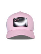 Alpinestars Flag Snapback Hat, Pink and White, featuring a pink twill front and white mesh back, curved bill, front patch with flag design and pink Astars logo, casual motorsport streetwear