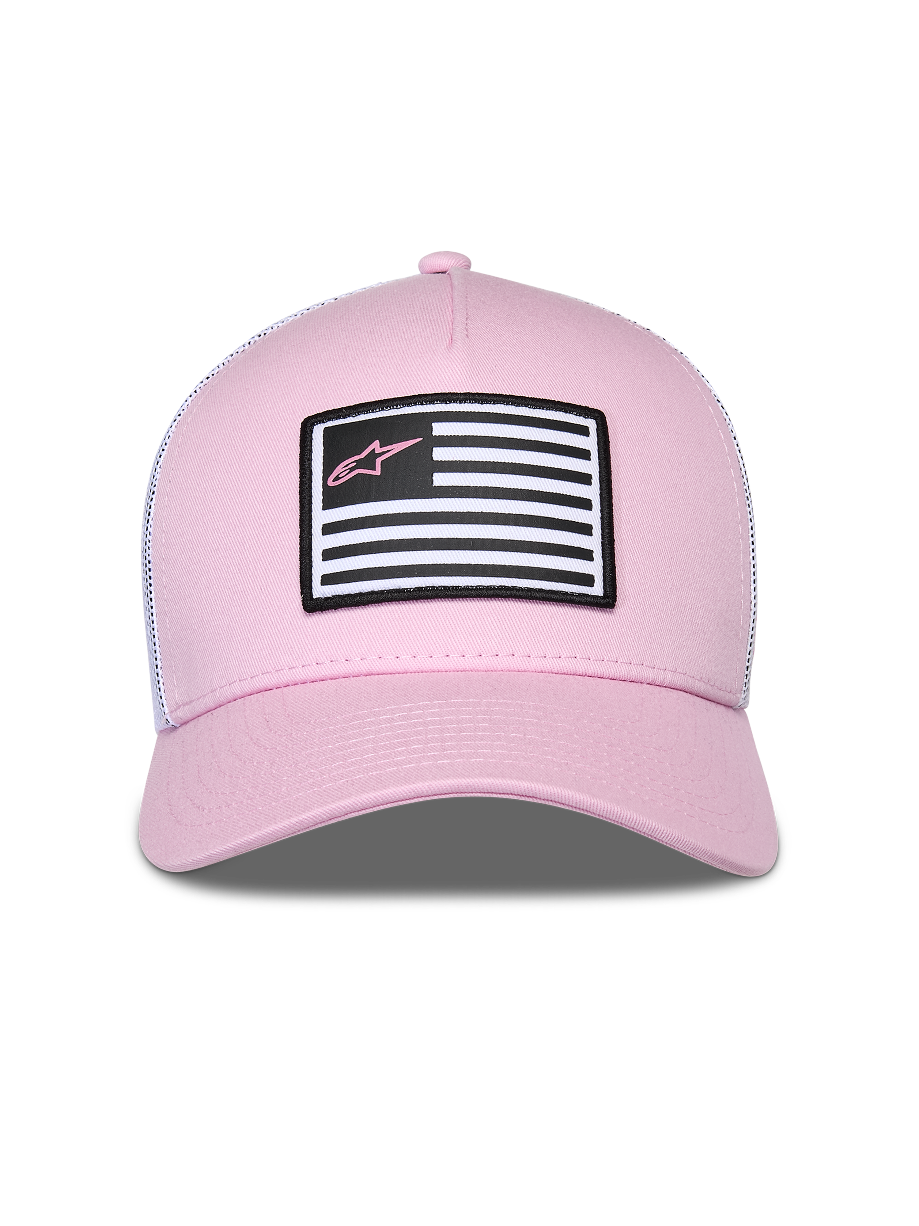 Casquette Snapback Flag Alpinestars, rose et blanche, dotée d'un devant en sergé rose et d'un dos en maille blanche, visière courbée, patch frontal avec motif de drapeau et logo Astars rose, style streetwear motorsport décontracté