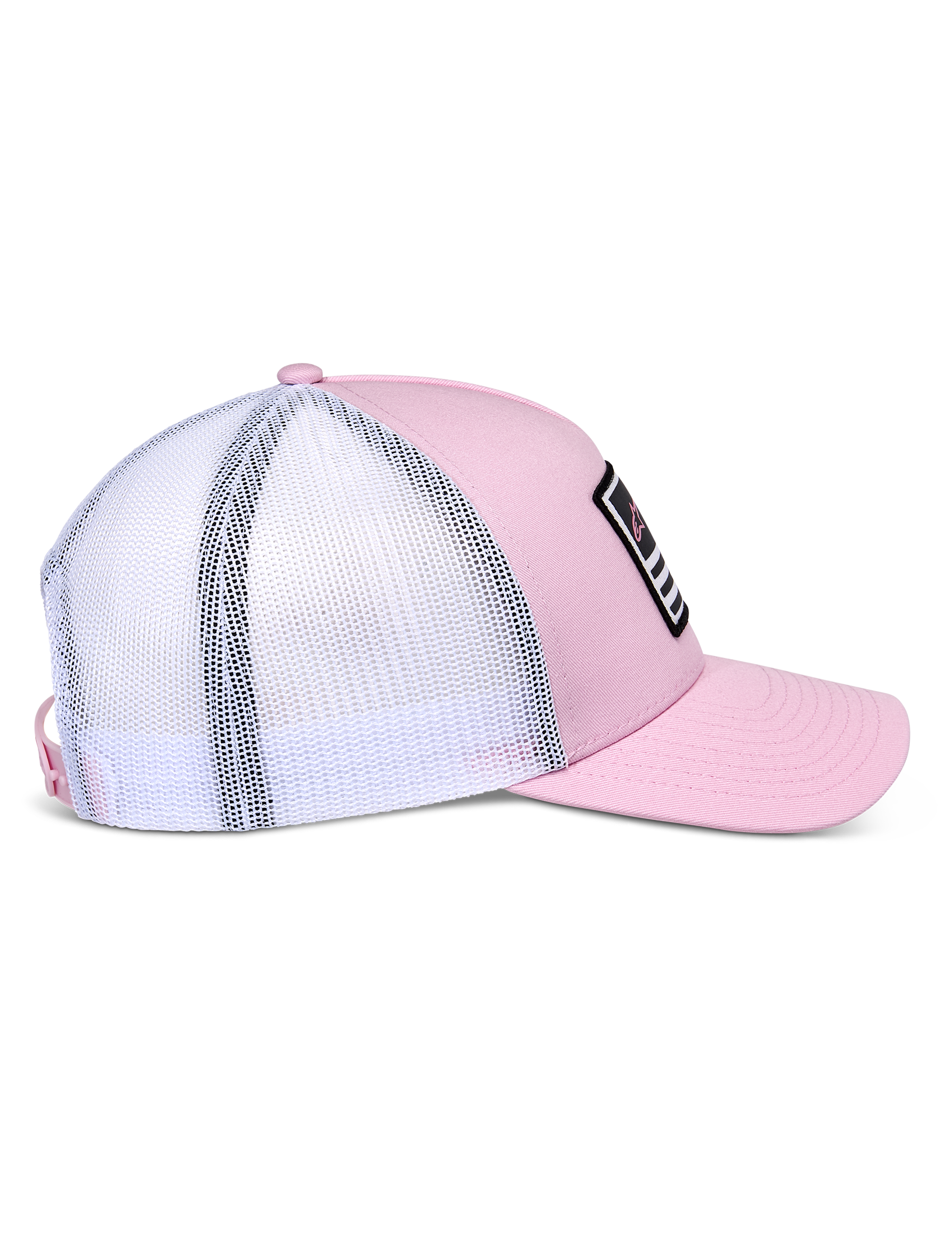 Casquette Snapback Alpinestars Flag, rose et blanc, vue de profil montrant l'avant en sergé rose et l'arrière en maille blanche, visière courbée, couronne structurée, patch noir avec détails blancs et roses, couvre-chef décontracté d'inspiration sport mécanique