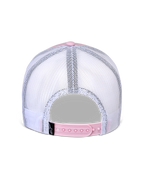 Casquette Snapback Flag Alpinestars, vue arrière, rose et blanc, panneaux en maille blanche respirante avec fermeture snapback réglable rose, petite étiquette noire avec logo Alpinestars, accessoire décontracté inspiré du sport automobile