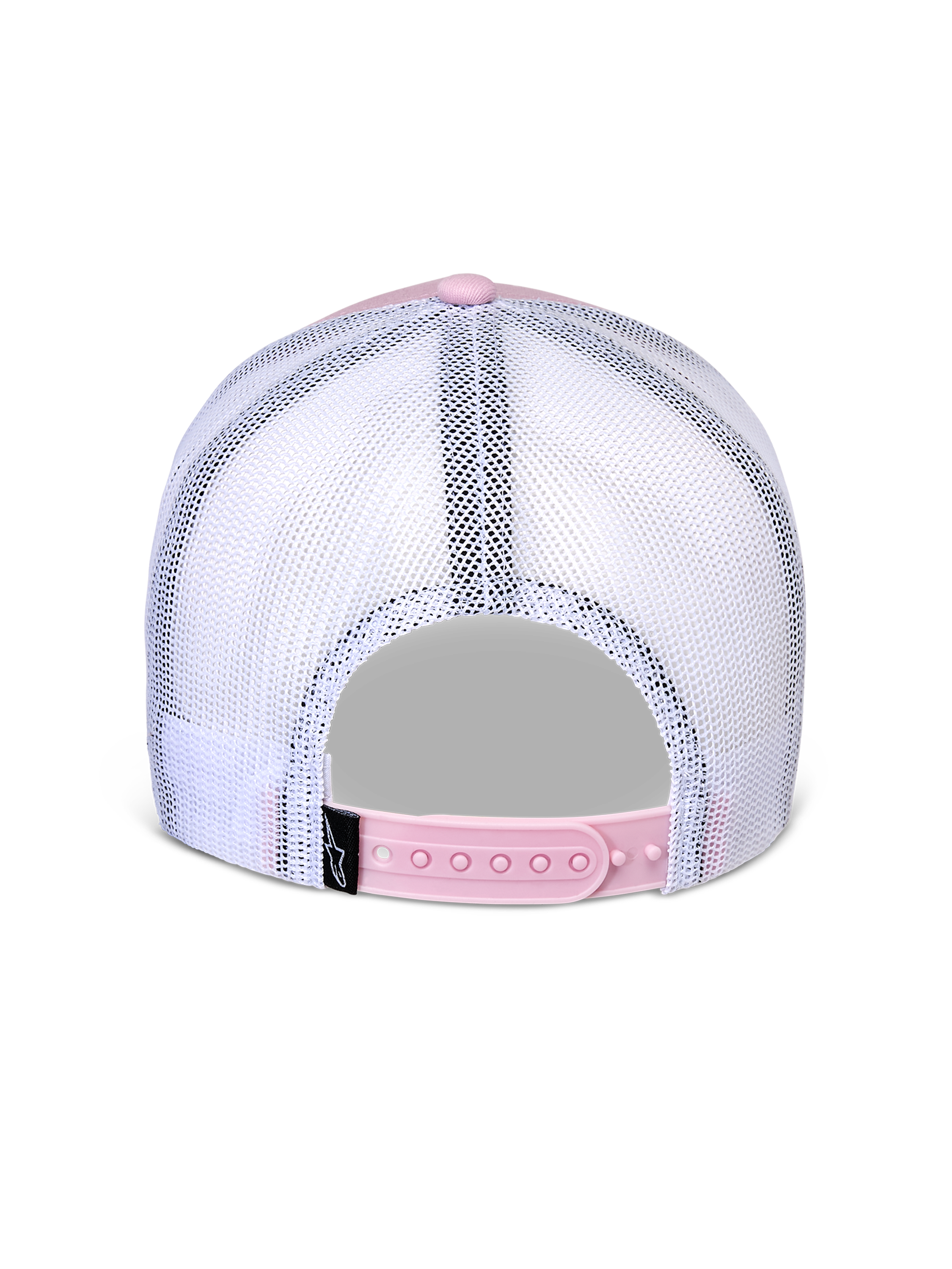 Casquette Snapback Flag Alpinestars, vue arrière, rose et blanc, panneaux en maille blanche respirante avec fermeture snapback réglable rose, petite étiquette noire avec logo Alpinestars, accessoire décontracté inspiré du sport automobile