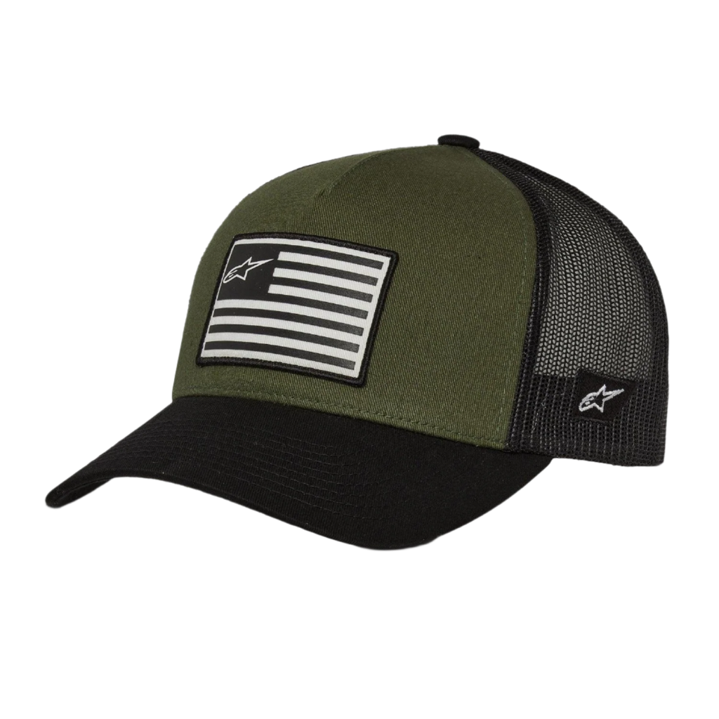 Casquette Snapback Flag Alpinestars, Noir Militaire, couronne vert olive avec visière courbée noire et dos en maille, patch drapeau imprimé avec logo à l'avant, design sportswear décontracté