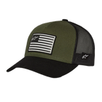 Casquette Snapback Flag Alpinestars, Noir Militaire, couronne vert olive avec visière courbée noire et dos en maille, patch drapeau imprimé avec logo à l'avant, design sportswear décontracté