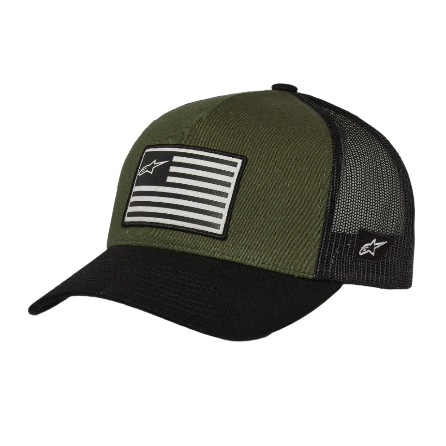 Alpinestars Flag Snapback Hat, Military Black, olive green crown with black curved bill and mesh back, front printed flag patch with logo, casual sportswear design