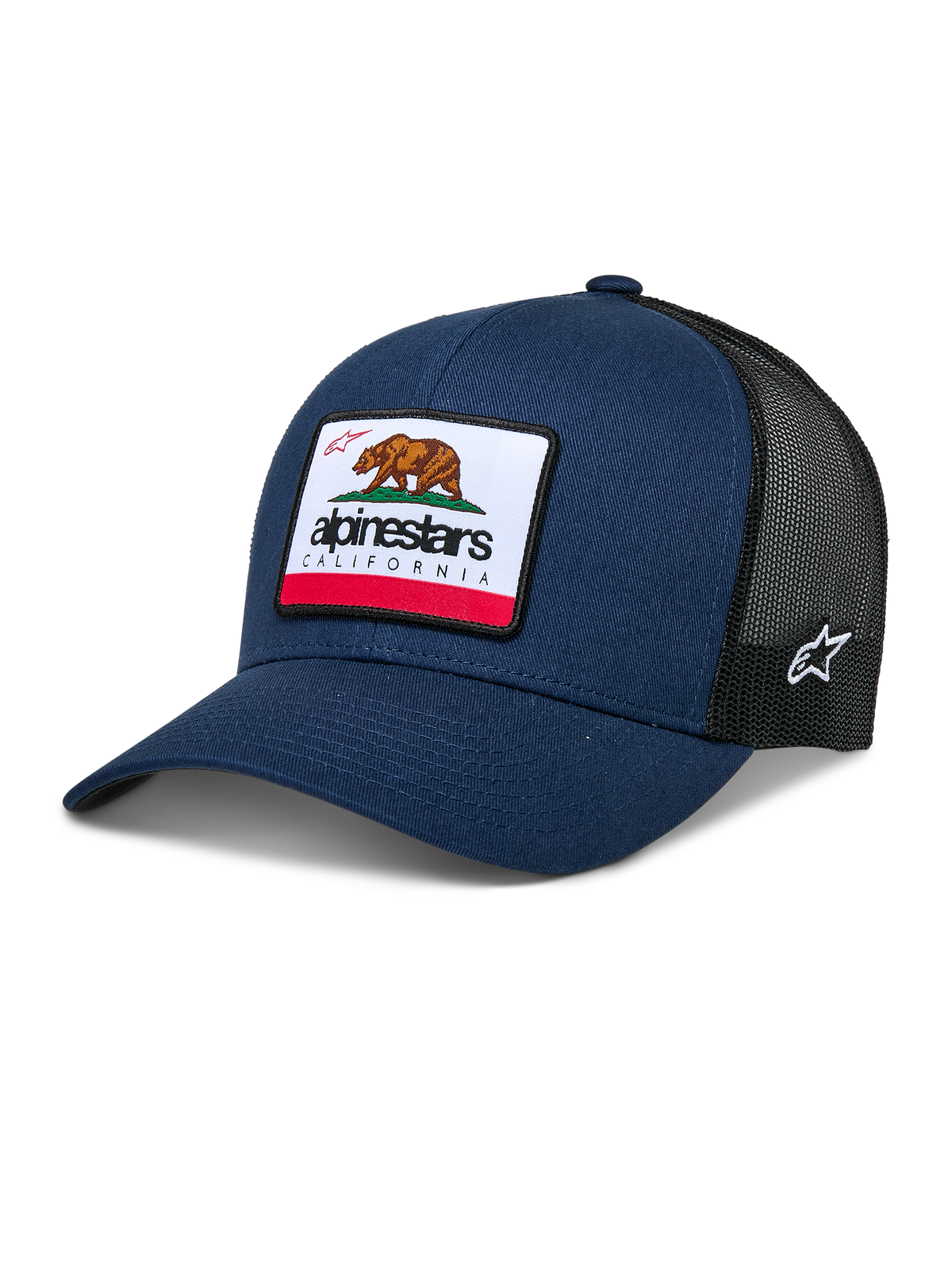 Alpinestars Cali 2.0 Hat, Navy Blue and Black Trucker Cap, featuring a large California Bear Patch with Alpinestars logo, curved brim, breathable black mesh back, casual motorsport headwear