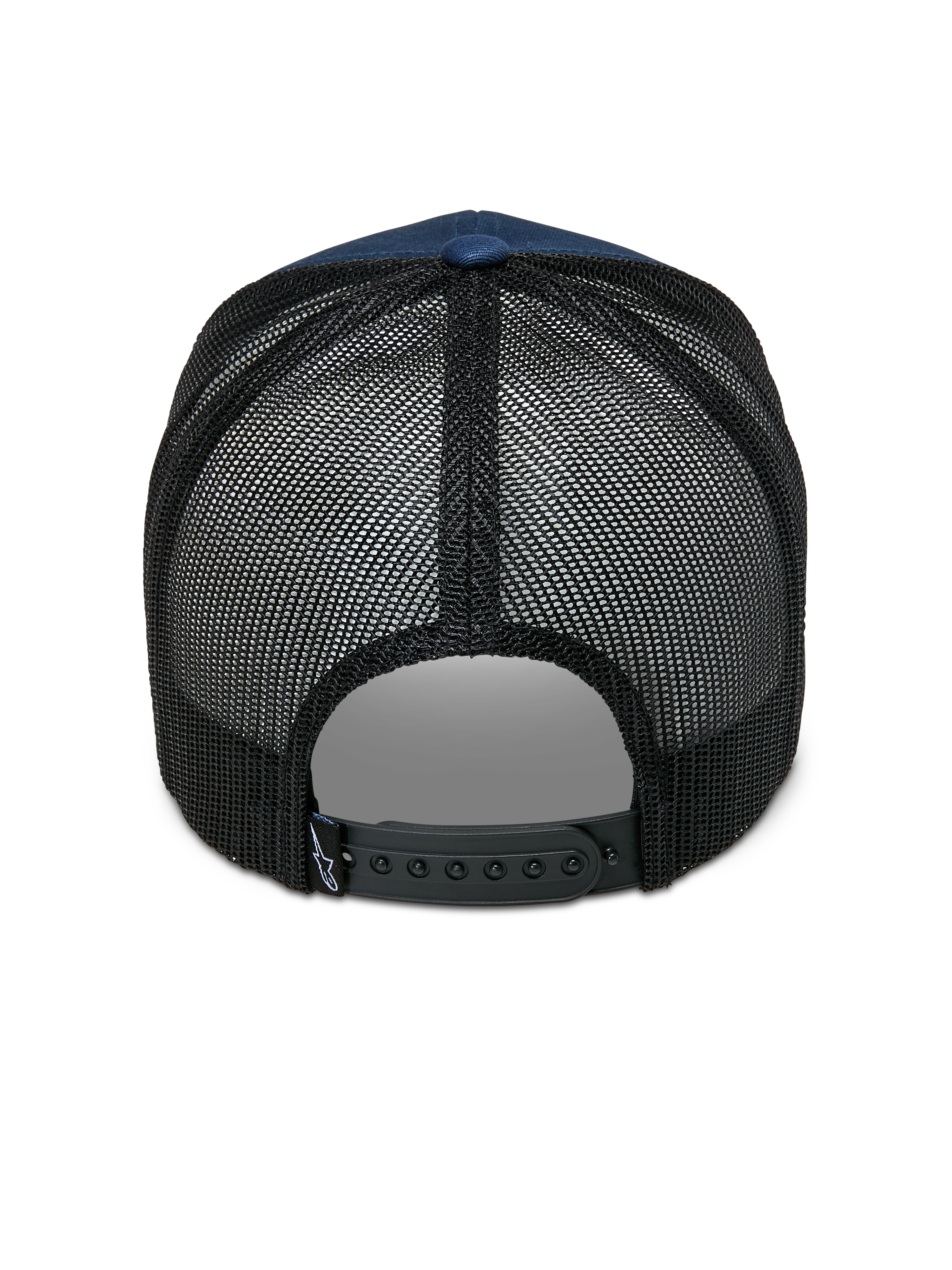 Casquette Alpinestars Cali 2.0, bleu marine et noir, vue arrière montrant le dos en maille polyester respirante, fermeture snapback noire réglable et petite étiquette logo, design de casquette trucker décontractée