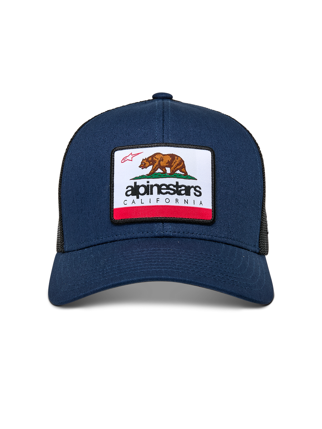 Casquette Alpinestars Cali 2.0, bleu marine, avec écusson tissé merrow affichant l'ours de Californie et le logo Alpinestars, visière incurvée, couronne structurée et arrière en maille polyester, style streetwear décontracté motorsport