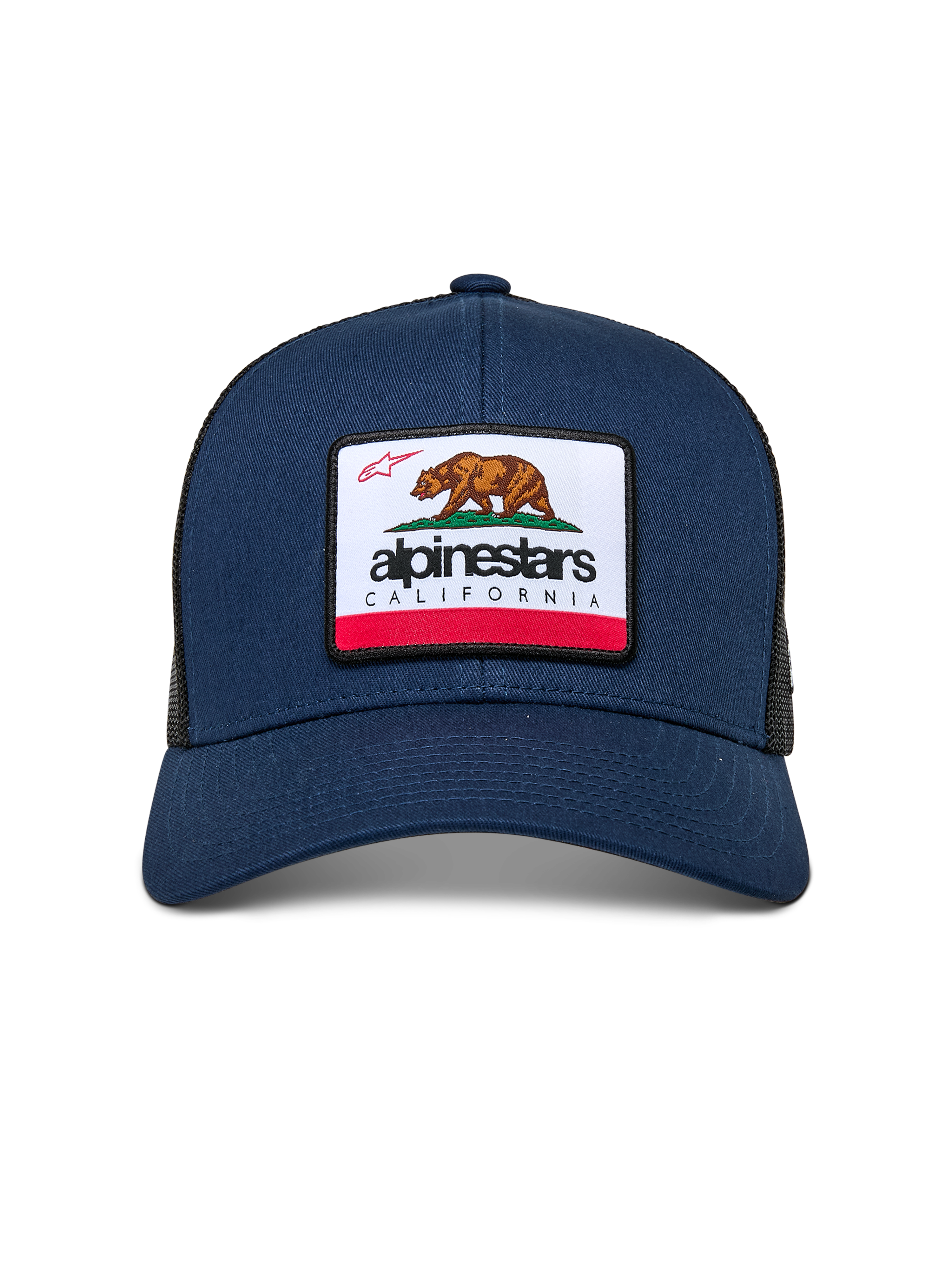 Casquette Alpinestars Cali 2.0, bleu marine, avec écusson tissé merrow affichant l'ours de Californie et le logo Alpinestars, visière incurvée, couronne structurée et arrière en maille polyester, style streetwear décontracté motorsport