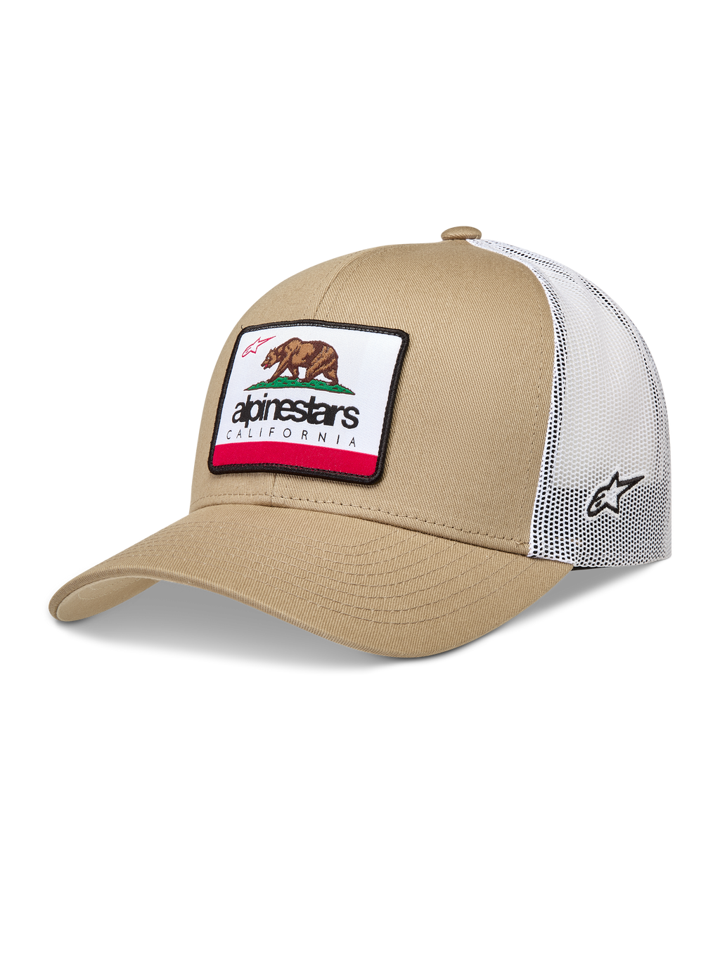 Alpinestars Cali 2.0, casquette trucker sable et blanche avec filet à l'arrière et écusson ours de Californie.