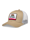 Alpinestars Cali 2.0, casquette trucker sable et blanche avec filet à l'arrière et écusson ours de Californie.