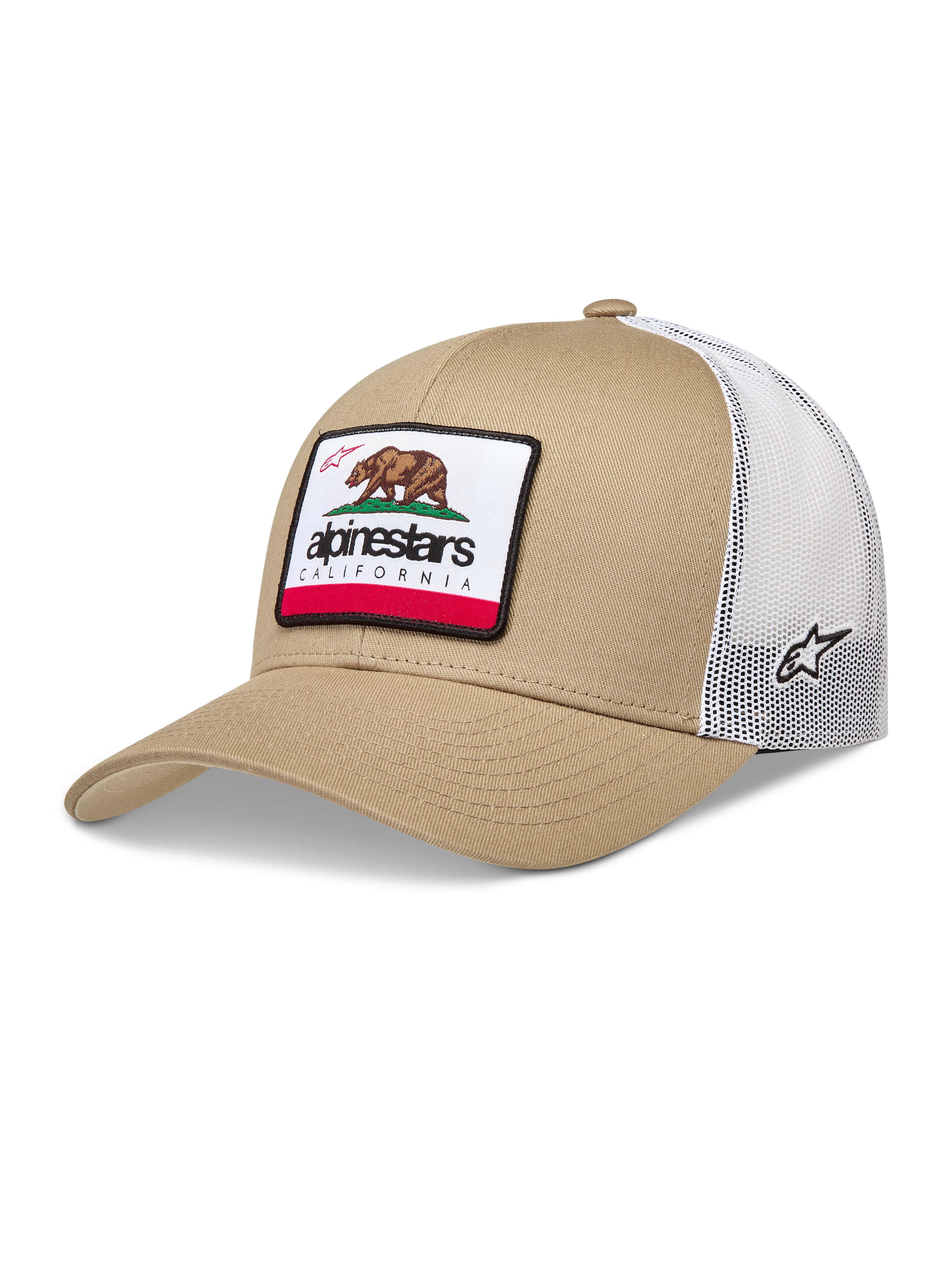 Alpinestars Cali 2.0, casquette trucker sable et blanche avec filet à l'arrière et écusson ours de Californie.