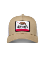 Alpinestars Cali 2.0, casquette trucker à visière incurvée, marron sable et maille blanche, écusson ours de Californie.