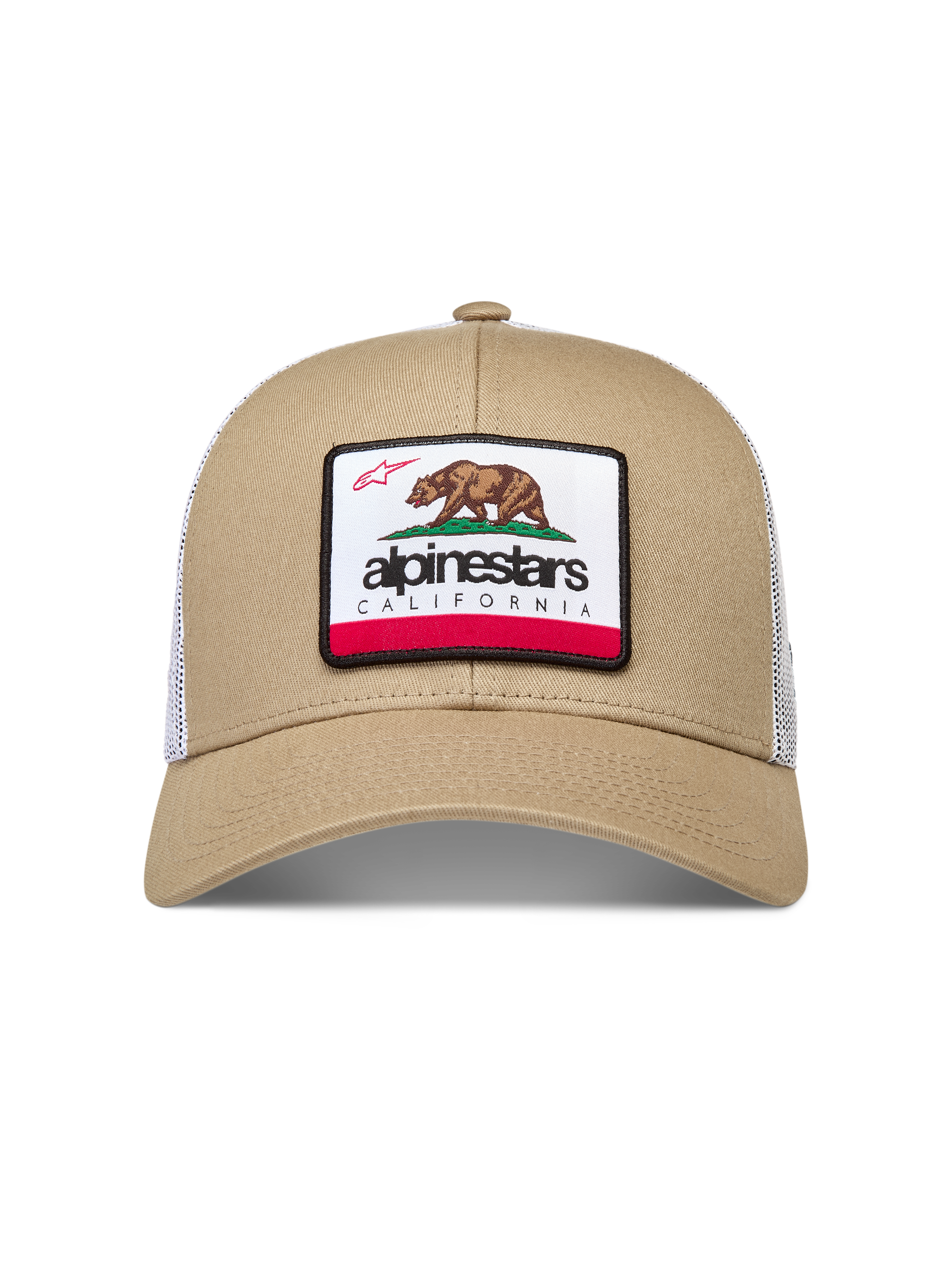 Alpinestars Cali 2.0, casquette trucker à visière incurvée, marron sable et maille blanche, écusson ours de Californie.