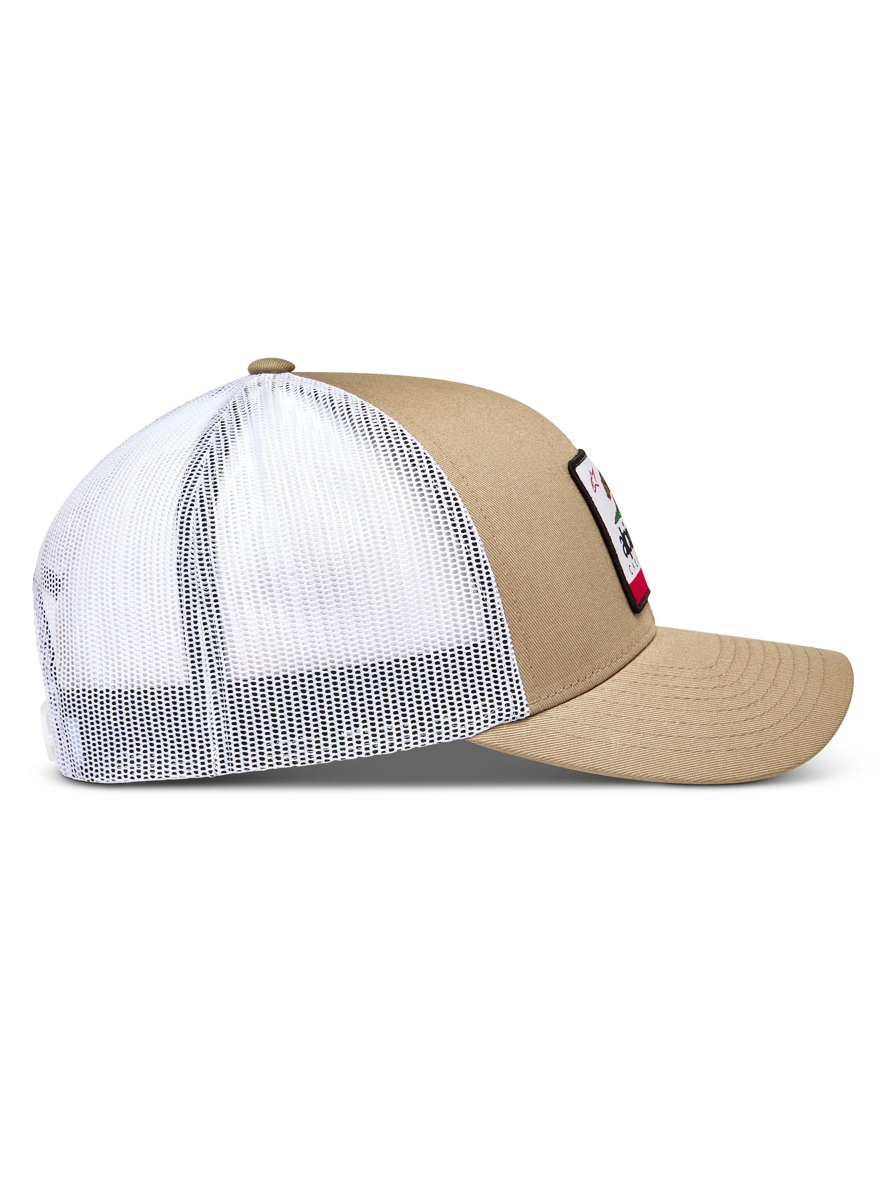 Alpinestars Cali 2.0, casquette trucker sable et blanche, visière incurvée et couronne structurée pour le sportswear.