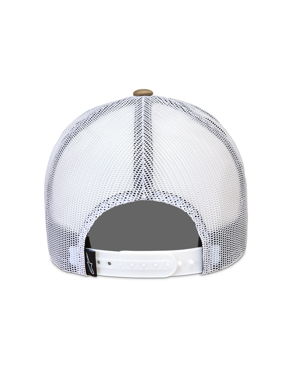 Alpinestars Cali 2.0, casquette trucker blanche et sable, vue arrière montrant la maille respirante et la fermeture snapback réglable.