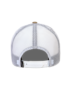 Alpinestars Cali 2.0, casquette trucker blanche et sable, vue arrière montrant la maille respirante et la fermeture snapback réglable.