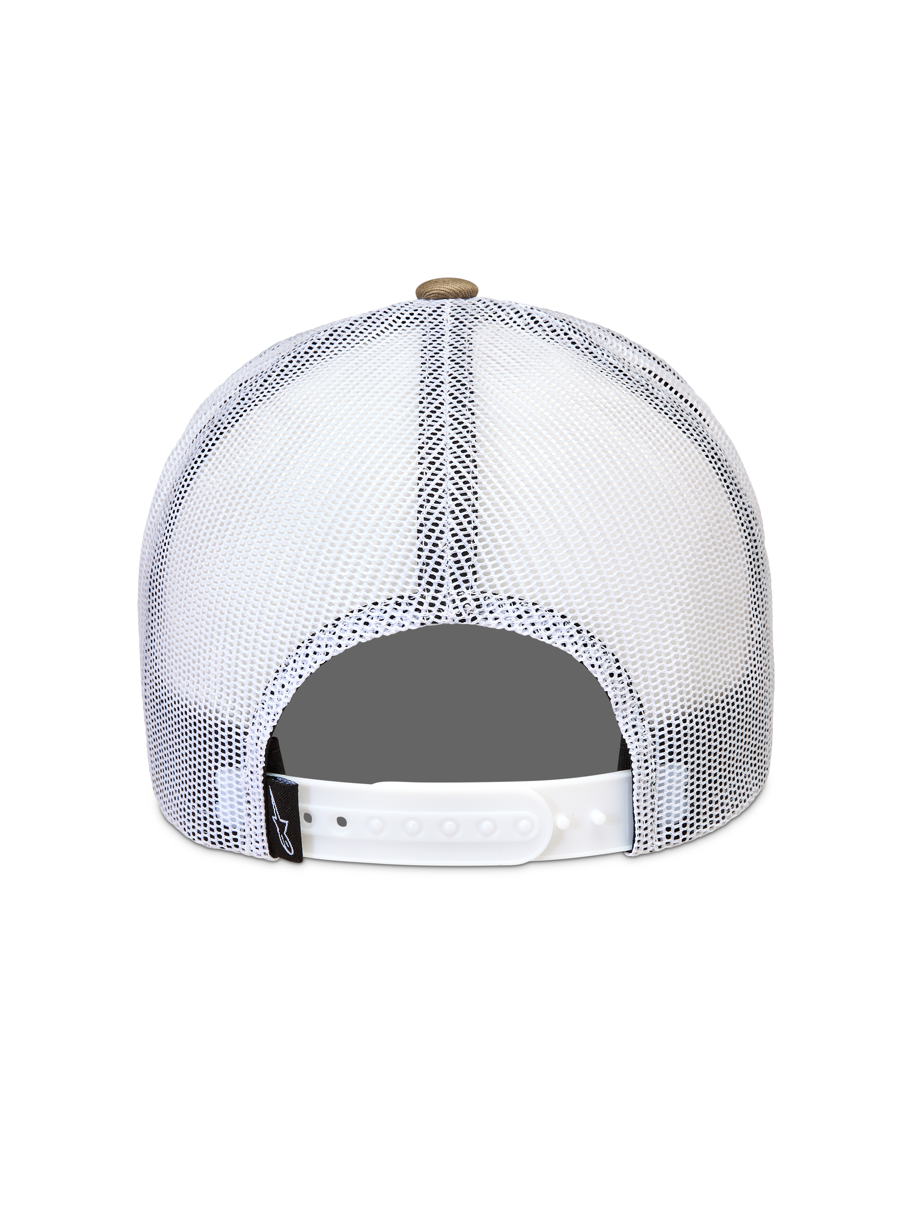 Alpinestars Cali 2.0, casquette trucker blanche et sable, vue arrière montrant la maille respirante et la fermeture snapback réglable.