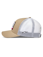 Alpinestars Cali 2.0, casquette trucker sable et blanche, visière incurvée, arrière en maille avec logo, vue de profil.