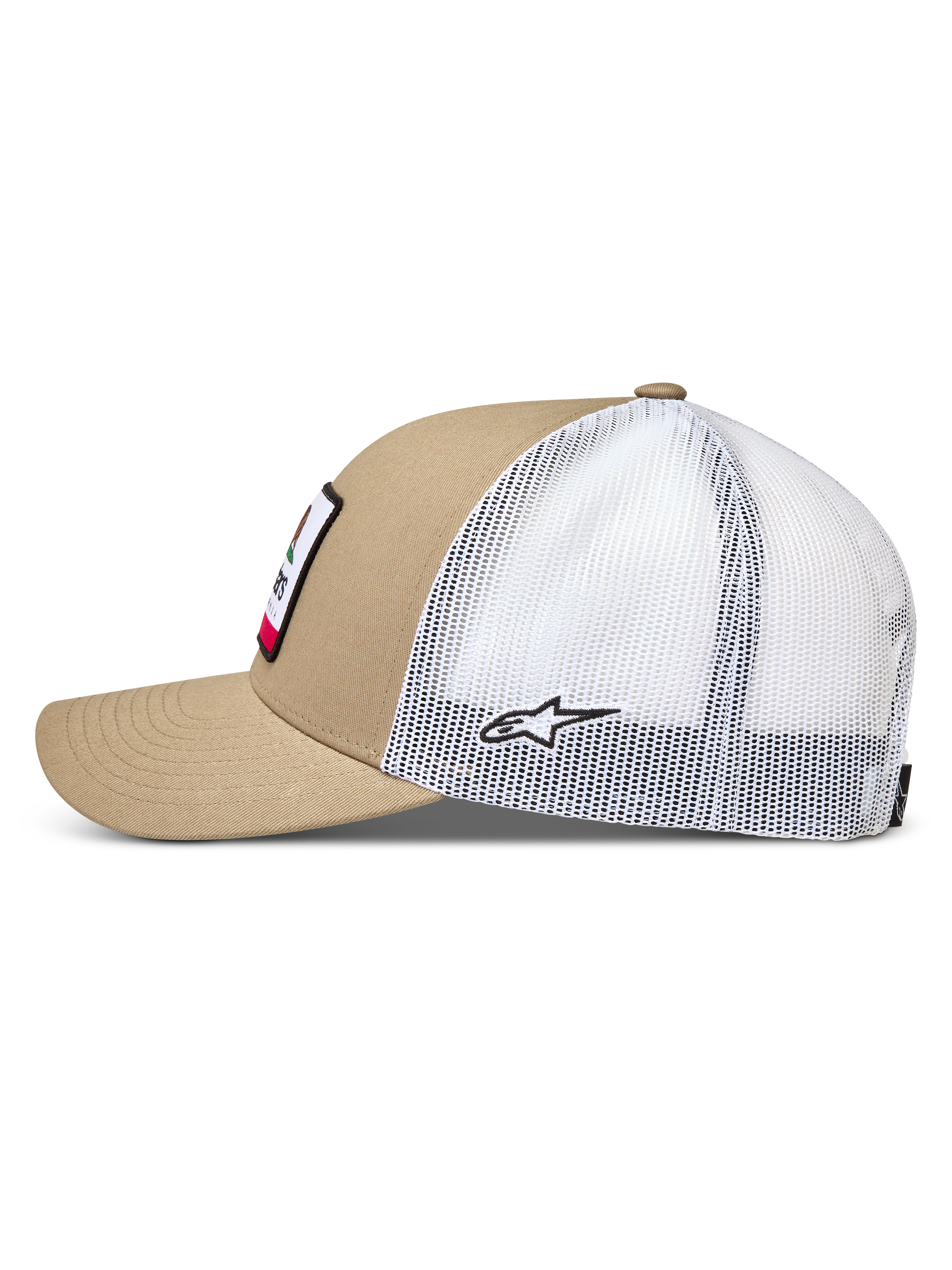 Alpinestars Cali 2.0, casquette trucker sable et blanche, visière incurvée, arrière en maille avec logo, vue de profil.