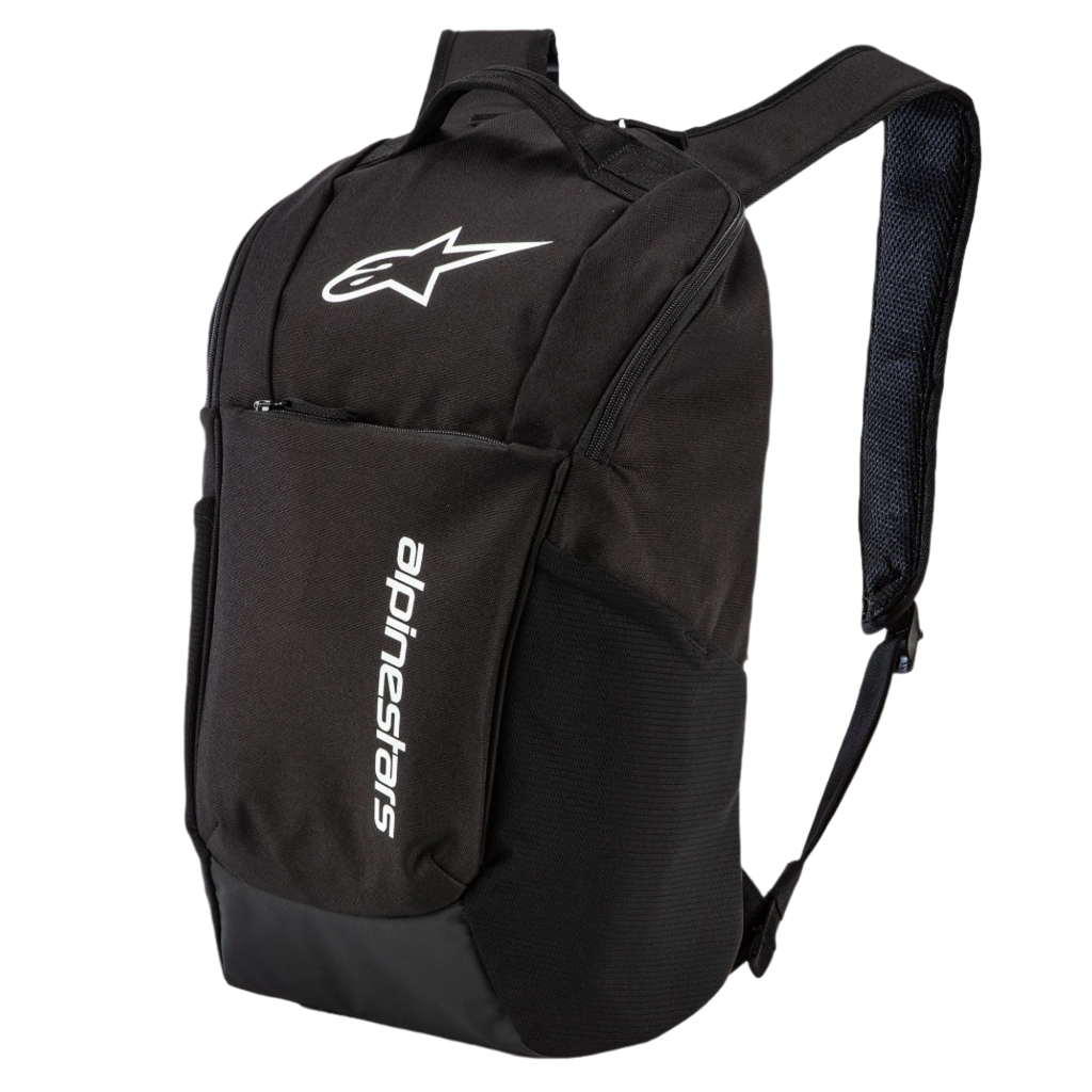 Sac à dos Alpinestars Defcon V2, noir, petit sac à dos quotidien avec logo blanc imprimé et marquage vertical, doté de poches latérales en maille et de bretelles en maille aérée, conception durable en polyester 600D