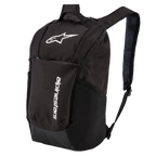 Sac à dos Alpinestars Defcon V2, noir, petit sac à dos quotidien avec logo blanc imprimé et marquage vertical, doté de poches latérales en maille et de bretelles en maille aérée, conception durable en polyester 600D