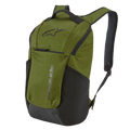 Sac à dos Alpinestars Defcon V2, sac à dos sportswear, vert militaire avec détails noirs, arborant le logo Astar et un marquage vertical, poches latérales en mesh et bretelles rembourrées en mesh aéré