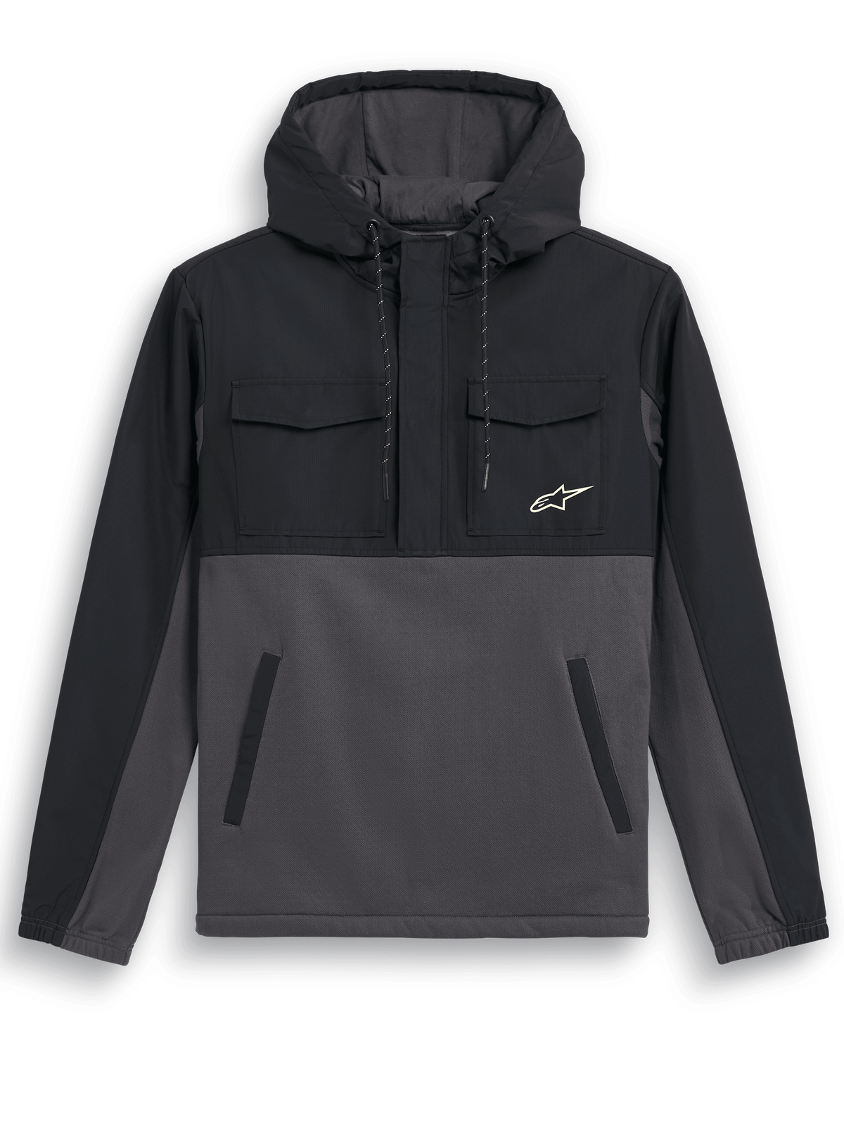 Veste hybride Alpinestars Juncture, anorak à capuche, Black Gunmetal, design multi-matières avec empiècement ripstop sur le haut et la capuche, corps en polaire de toile, poches poitrine à rabat, poches passepoilées, petit logo étoile blanc, veste décontractée d'inspiration sports mécaniques