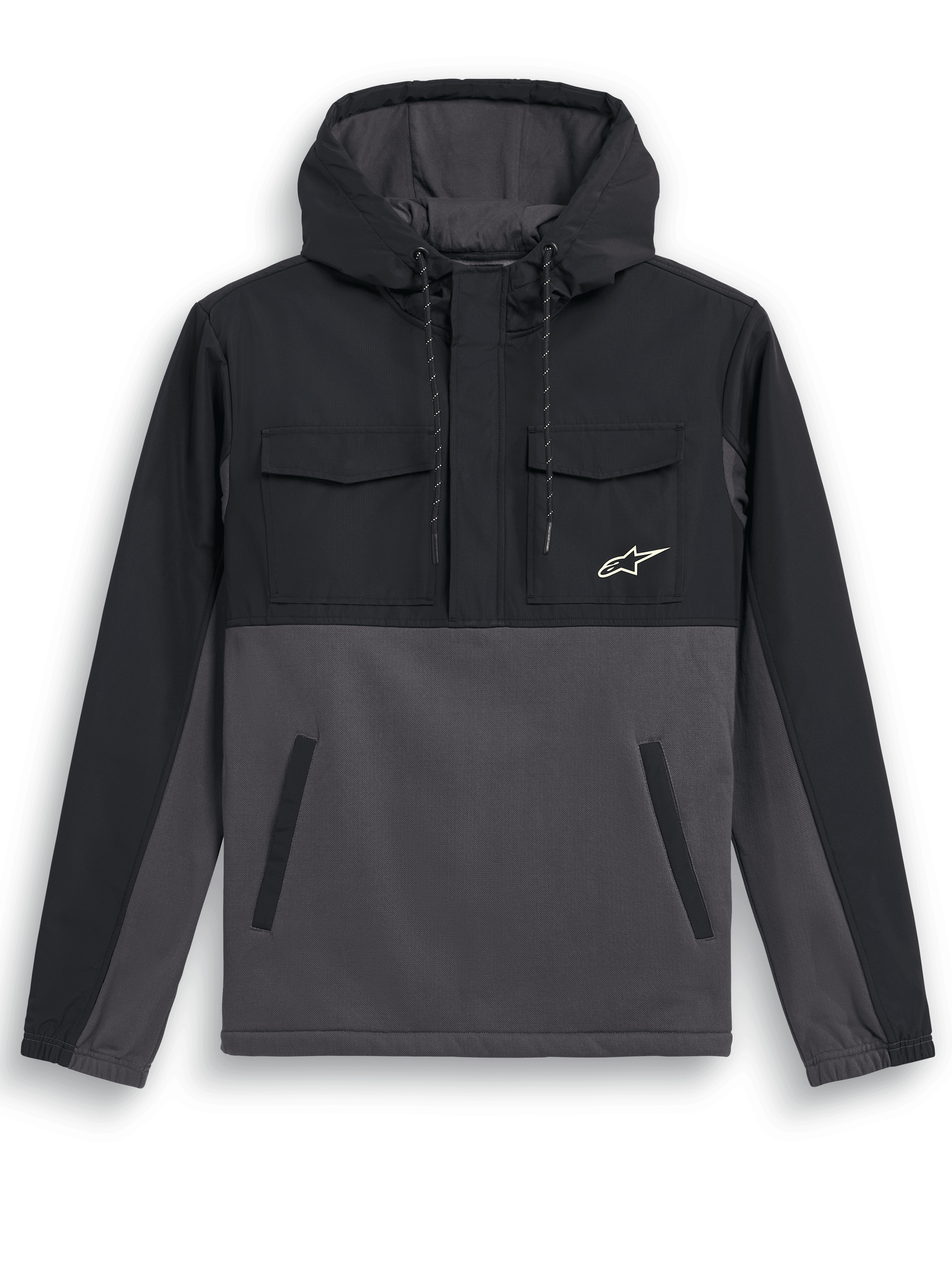 Veste hybride Alpinestars Juncture, anorak à capuche, Black Gunmetal, design multi-matières avec empiècement ripstop sur le haut et la capuche, corps en polaire de toile, poches poitrine à rabat, poches passepoilées, petit logo étoile blanc, veste décontractée d'inspiration sports mécaniques