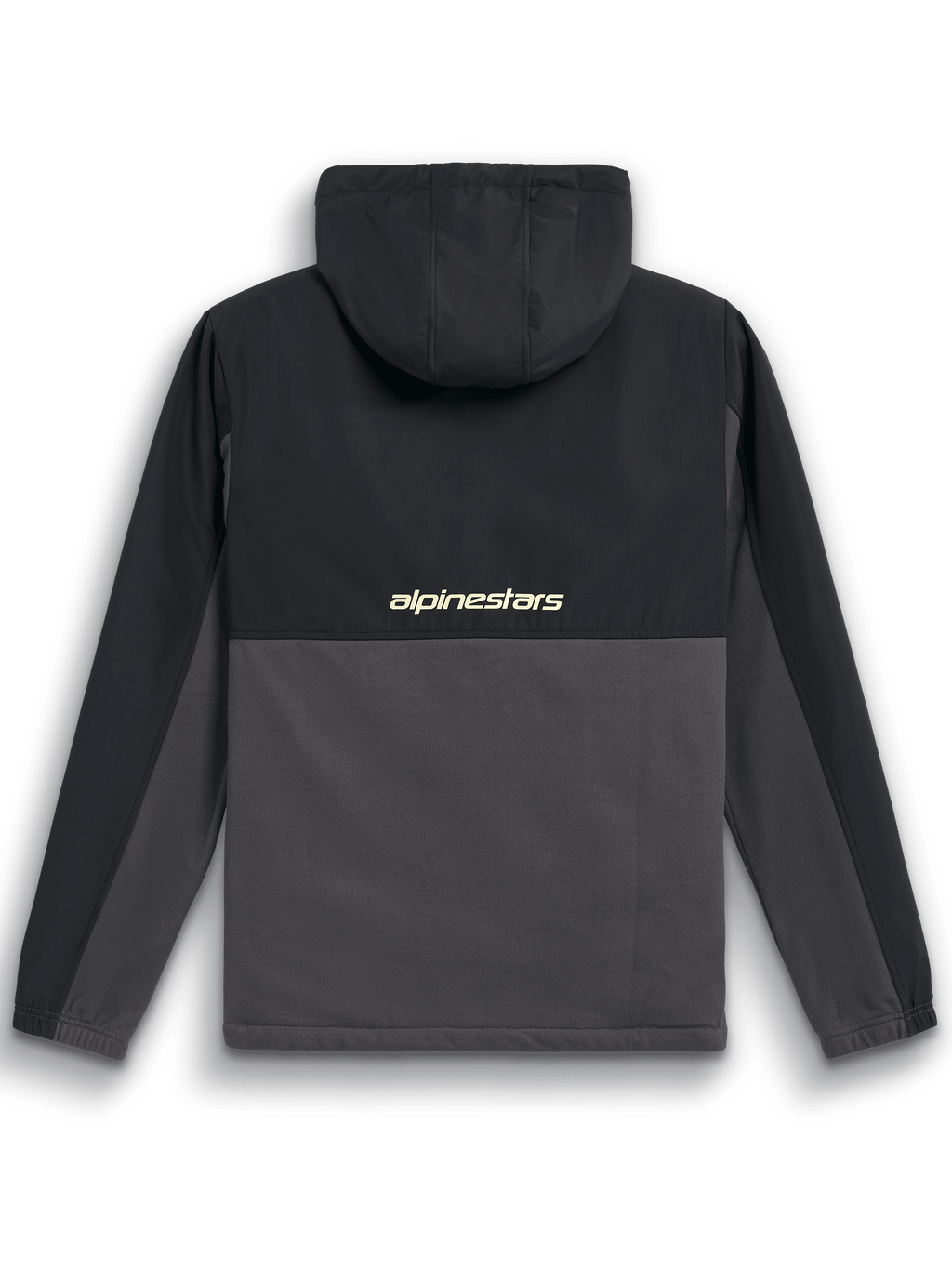 Veste Alpinestars Juncture Hybrid, vue arrière, noir et gris anthracite, anorak bi-matière avec empiècement et capuche en ripstop, logo 'alpinestars' au centre du dos, style streetwear décontracté