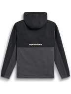 Veste Alpinestars Juncture Hybrid, vue arrière, noir et gris anthracite, anorak bi-matière avec empiècement et capuche en ripstop, logo 'alpinestars' au centre du dos, style streetwear décontracté