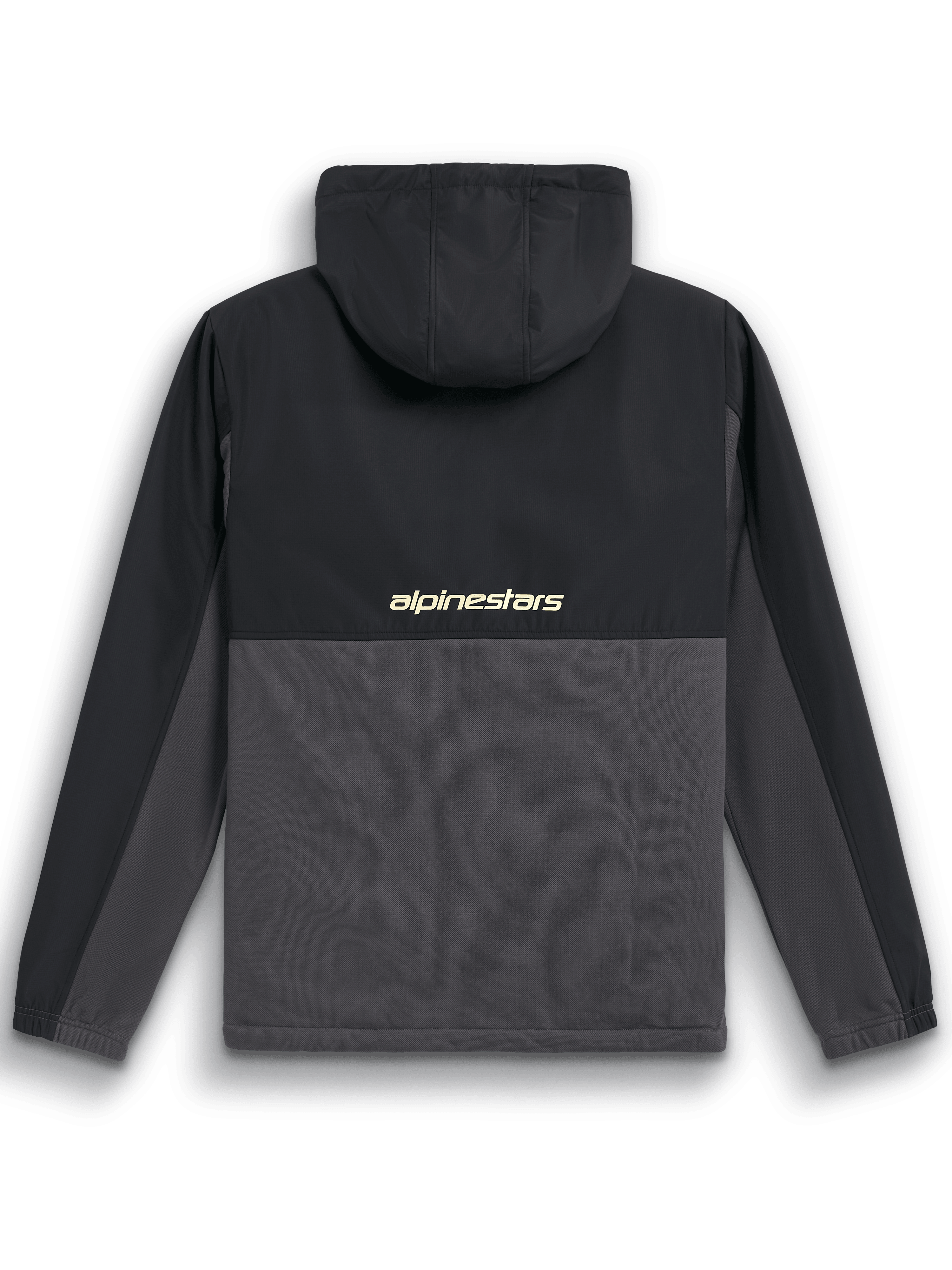 Veste Alpinestars Juncture Hybrid, vue arrière, noir et gris anthracite, anorak bi-matière avec empiècement et capuche en ripstop, logo 'alpinestars' au centre du dos, style streetwear décontracté