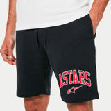 Alpinestars Dunker Short, short d'entraînement en polaire noir, imprimé logo ASTARS rouge et blanc sur la cuisse, taille élastique avec cordon de serrage, style sportswear décontracté pour homme