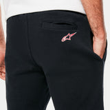 Alpinestars Dunker Short, short d'entraînement noir en polaire, vue rapprochée du logo Ageless rouge et blanc sur la hanche arrière et de la poche arrière passepoilée