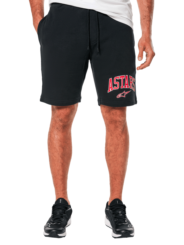 Alpinestars Dunker Short, short d'entraînement en polaire noir pour homme, logo ASTARS rouge et blanc imprimé sur la cuisse, taille élastique avec cordon de serrage, style décontracté et sportif