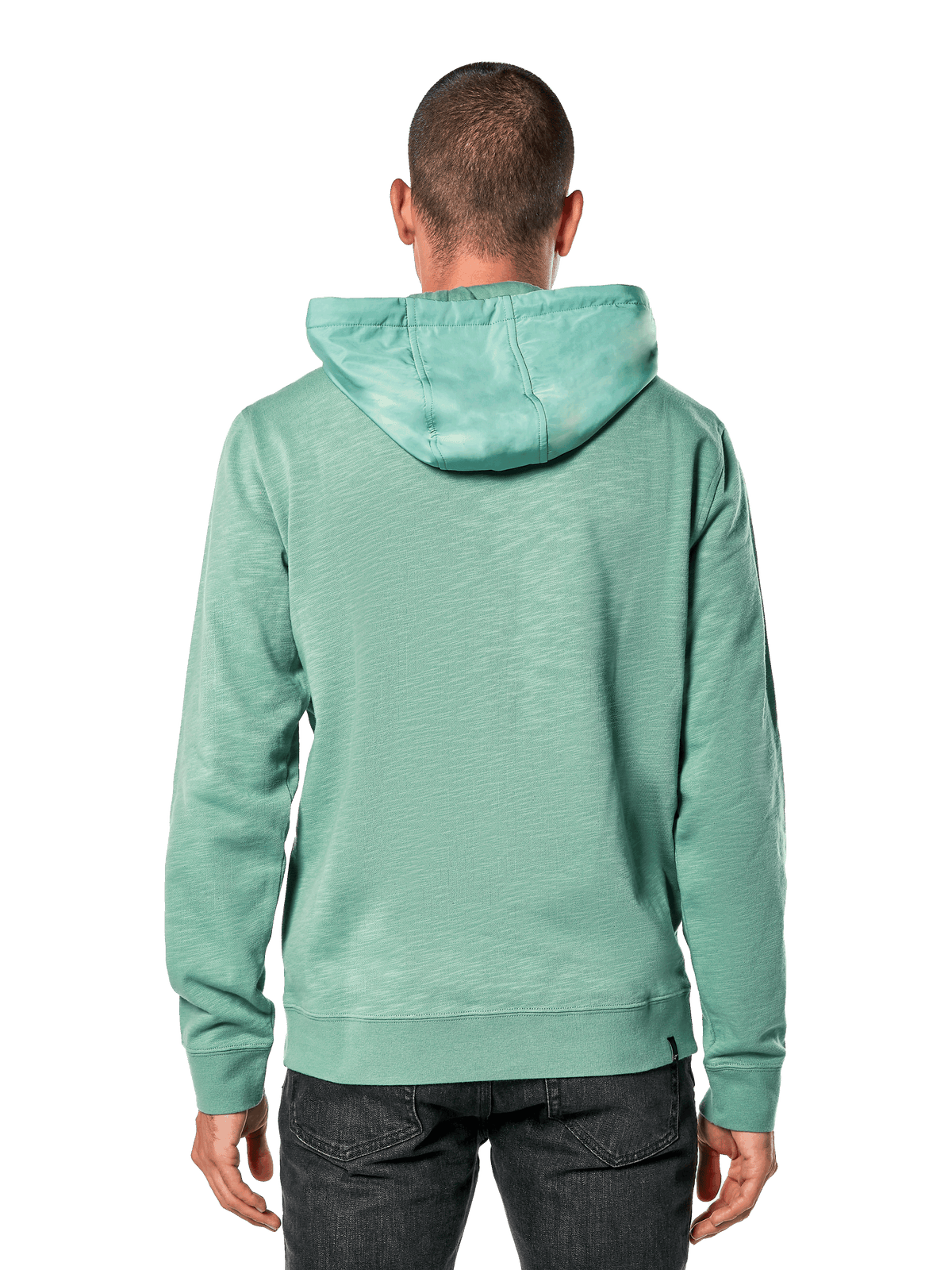 Alpinestars Rooted Hoodie, vert, vue de dos d'un homme portant un sweat à capuche décontracté en french terry chiné, avec une capuche superposée, des poignets et un ourlet côtelés, design sportswear moderne