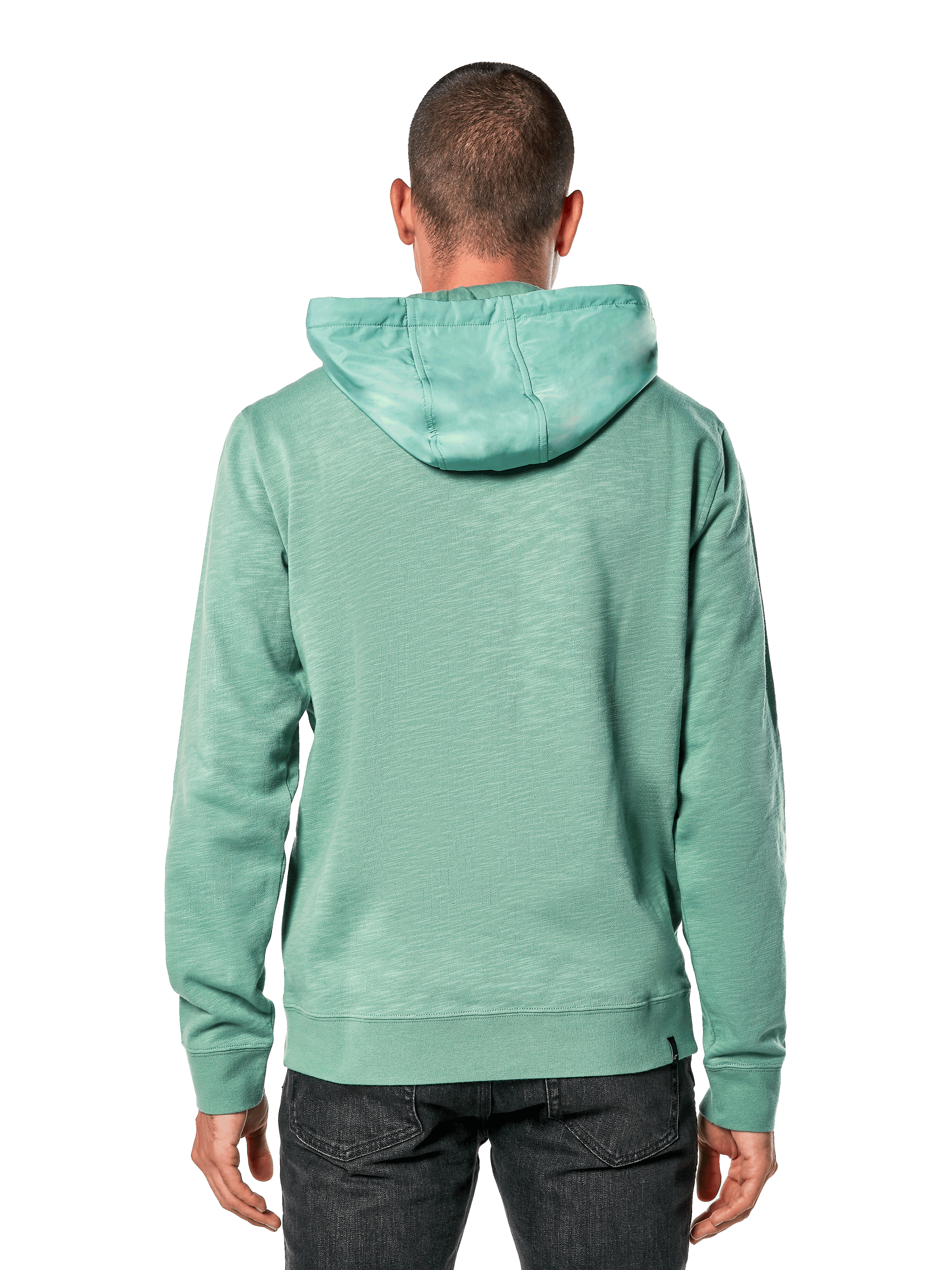 Alpinestars Rooted Hoodie, Green, rear view of a man wearing a casual slub french terry hoodie, featuring an overlay hood, ribbed cuffs and hem, modern sportswear design
