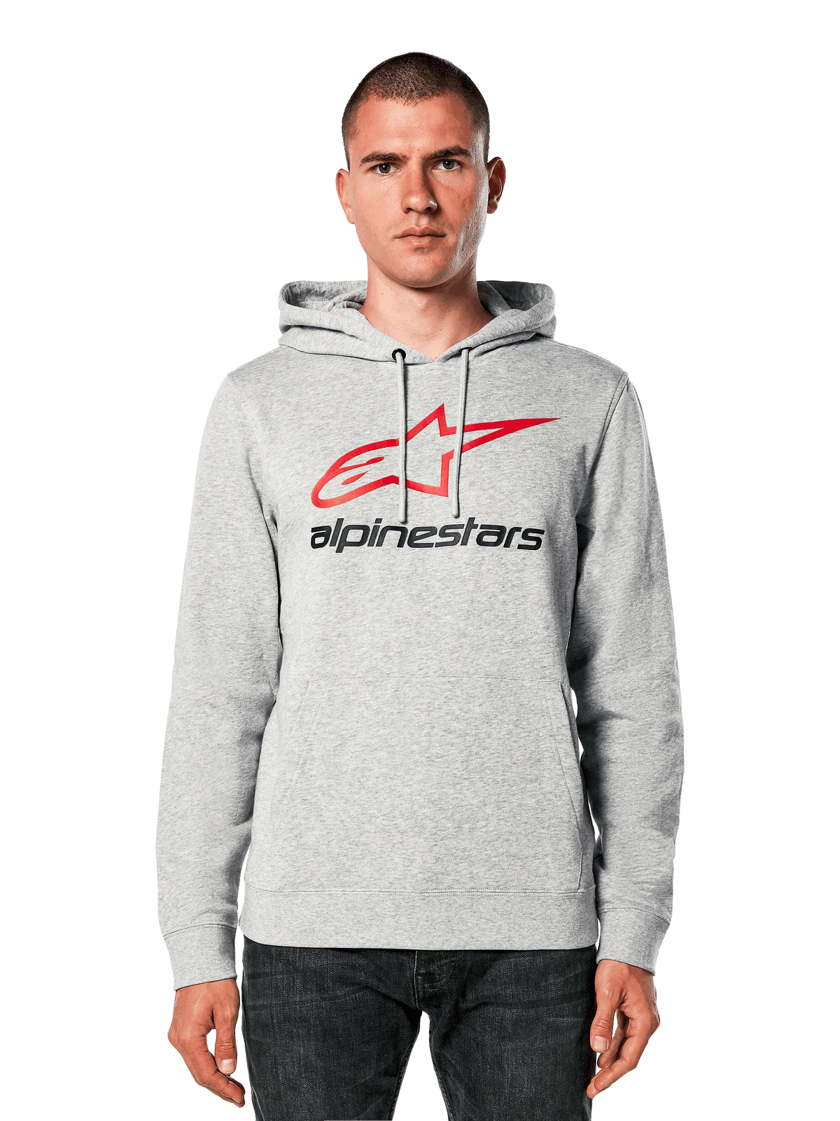 Sweat à capuche Alpinestars Always V3, gris chiné avec logo étoile rouge et noir, porté par un mannequin, style streetwear décontracté, capuche à cordon de serrage, poche kangourou, design inspiré du sport automobile