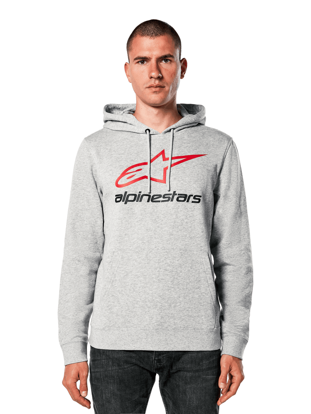 Sweat à capuche Alpinestars Always V3, gris chiné avec logo étoile rouge et noir, porté par un mannequin, style streetwear décontracté, capuche à cordon de serrage, poche kangourou, design inspiré du sport automobile