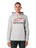 Sweat à capuche Alpinestars Always V3, gris chiné avec logo étoile rouge et noir, porté par un mannequin, style streetwear décontracté, capuche à cordon de serrage, poche kangourou, design inspiré du sport automobile