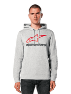 Sweat à capuche Alpinestars Always V3, gris chiné avec logo étoile rouge et noir, porté par un mannequin, style streetwear décontracté, capuche à cordon de serrage, poche kangourou, design inspiré du sport automobile