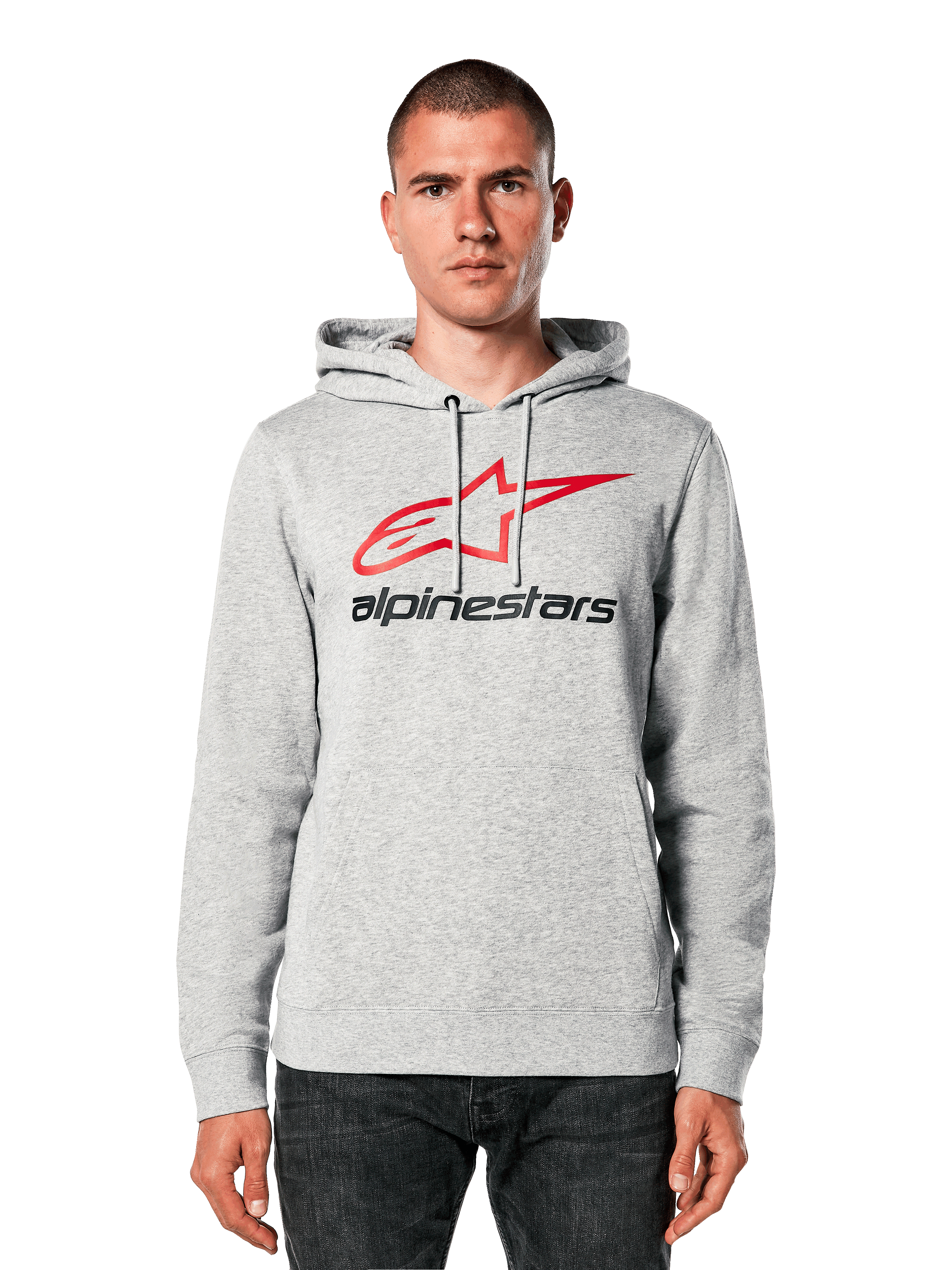 Sweat à capuche Alpinestars Always V3, gris chiné avec logo étoile rouge et noir, porté par un mannequin, style streetwear décontracté, capuche à cordon de serrage, poche kangourou, design inspiré du sport automobile